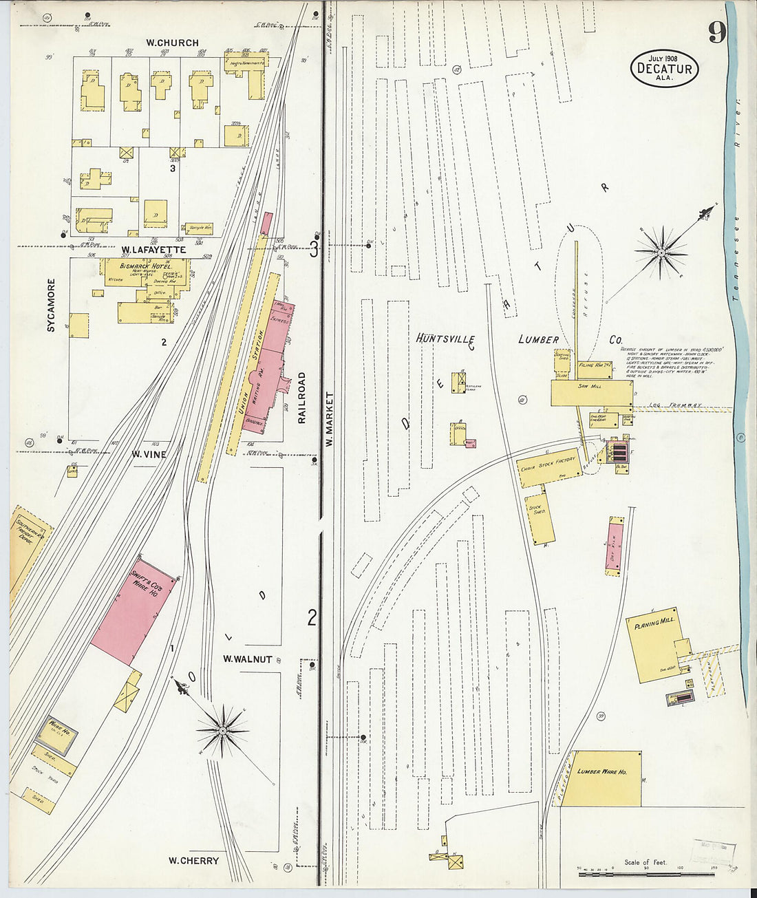 This old map of New Decatur, Morgan County, Alabama was created by Sanborn Map Company in 1908