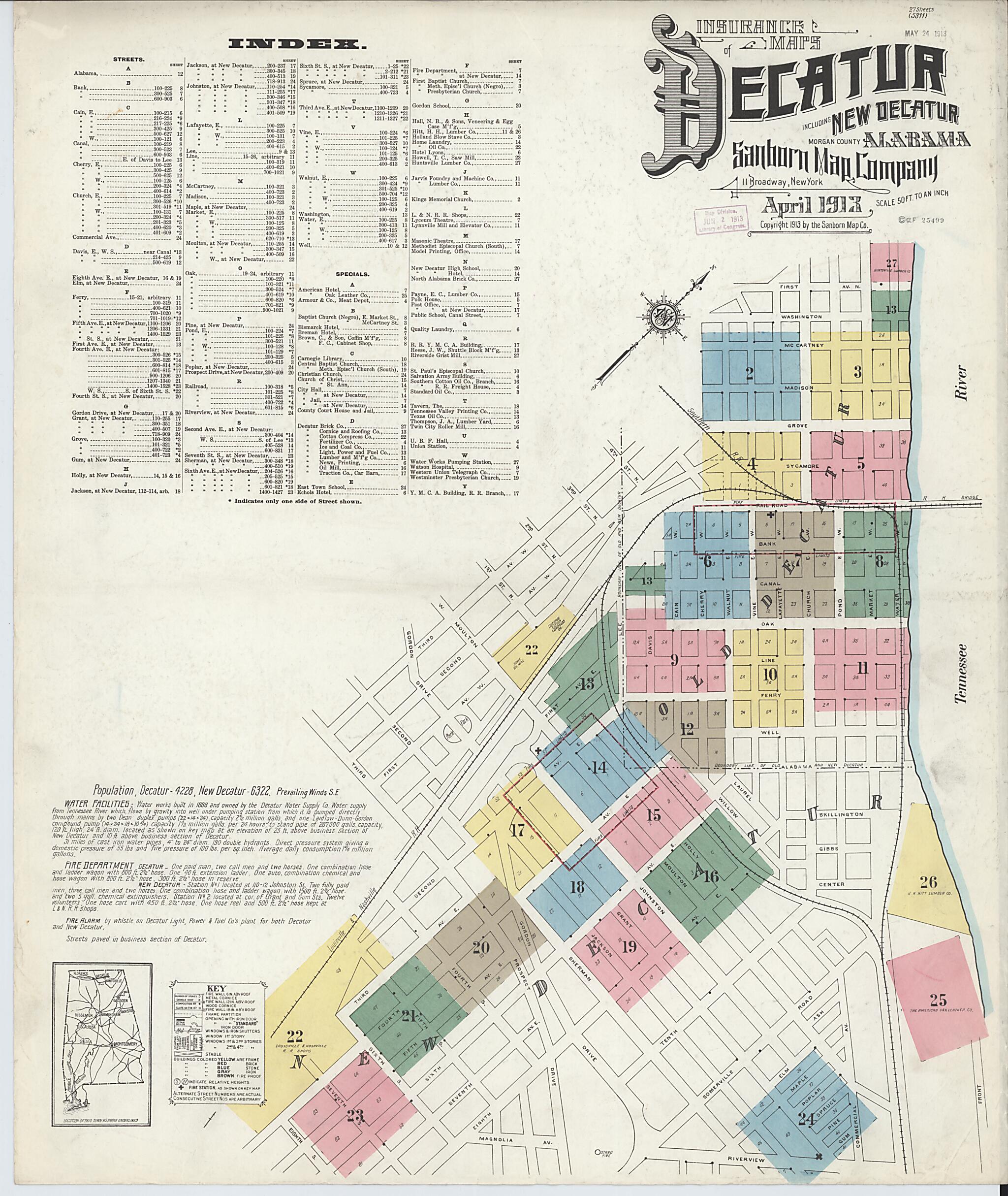 This old map of New Decatur, Morgan County, Alabama was created by Sanborn Map Company in 1913