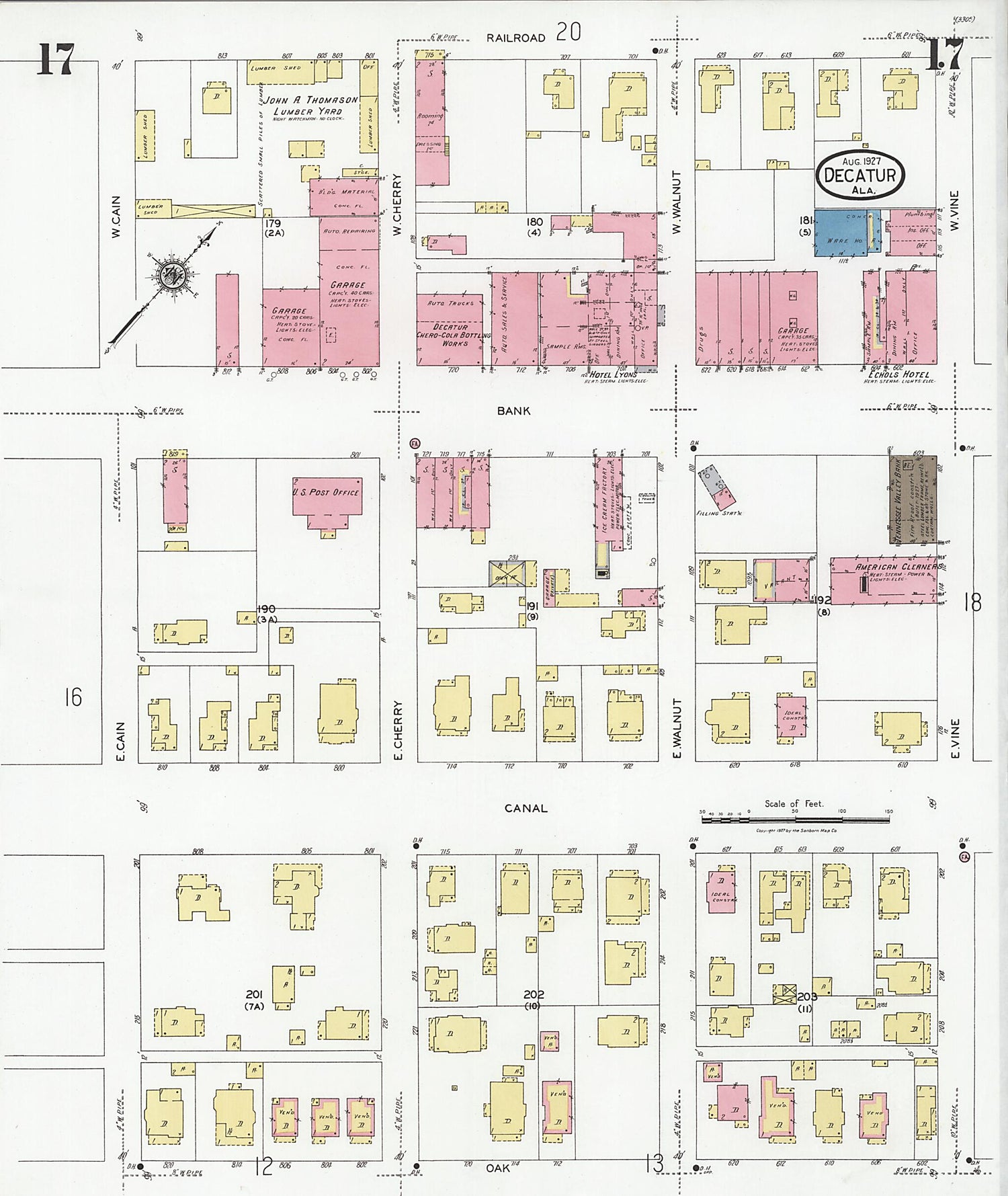 This old map of Decatur, Morgan County, Alabama was created by Sanborn Map Company in 1927