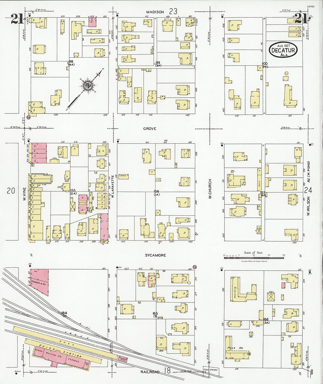 This old map of Decatur, Morgan County, Alabama was created by Sanborn Map Company in 1927