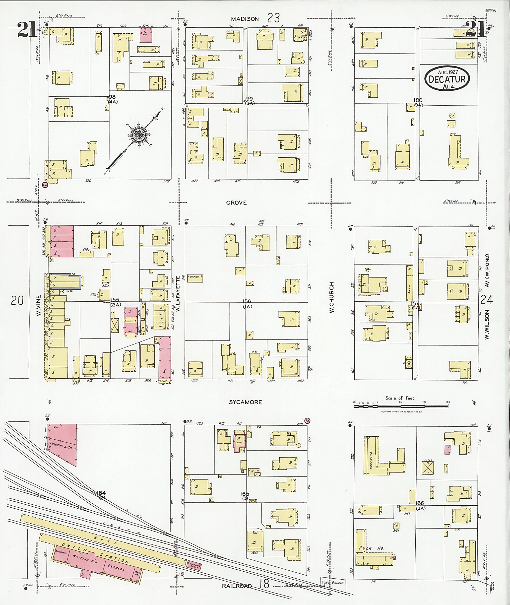 This old map of Decatur, Morgan County, Alabama was created by Sanborn Map Company in 1927