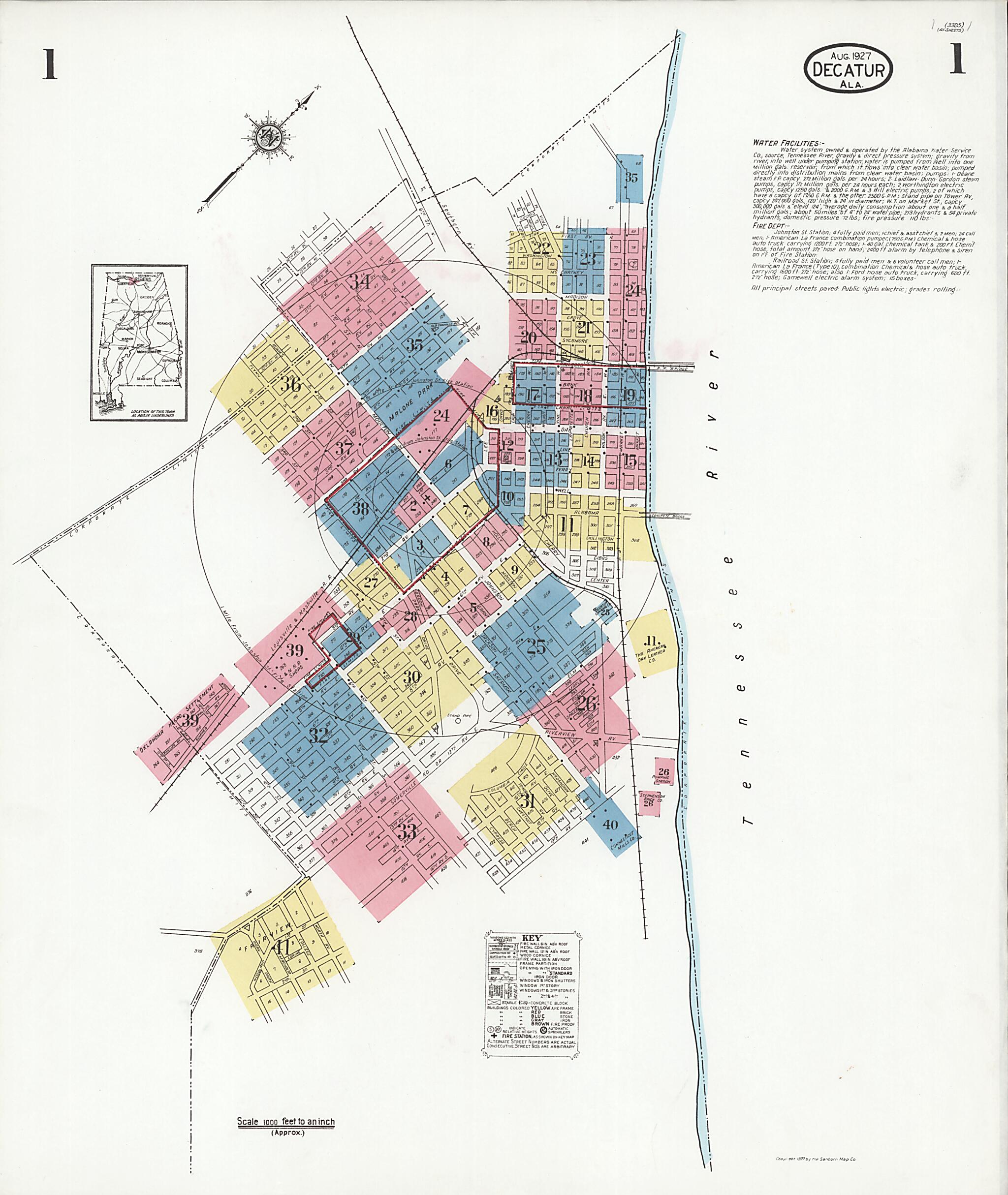 This old map of Decatur, Morgan County, Alabama was created by Sanborn Map Company in 1927