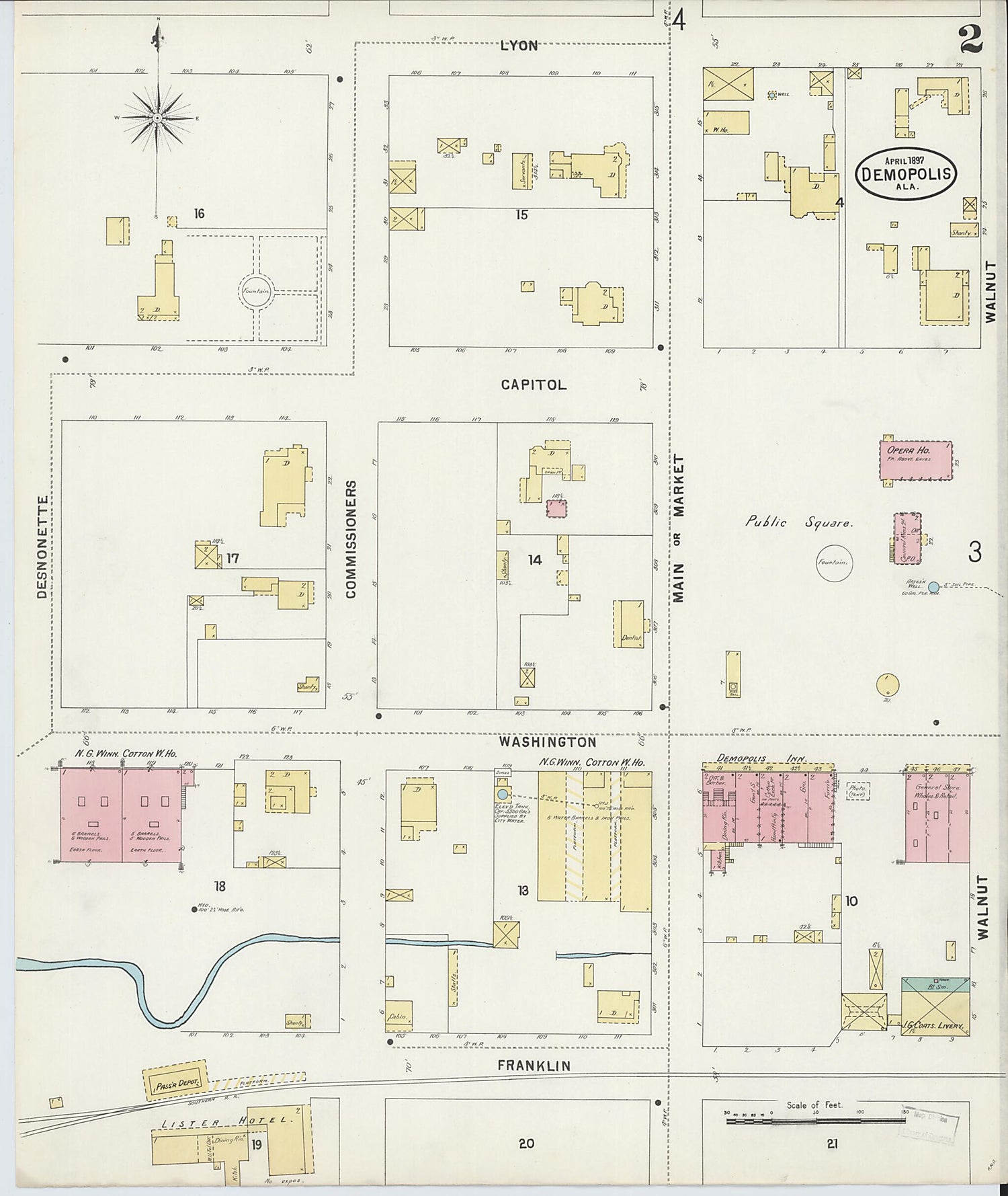 This old map of Demopolis, Marengo County, Alabama was created by Sanborn Map Company in 1897