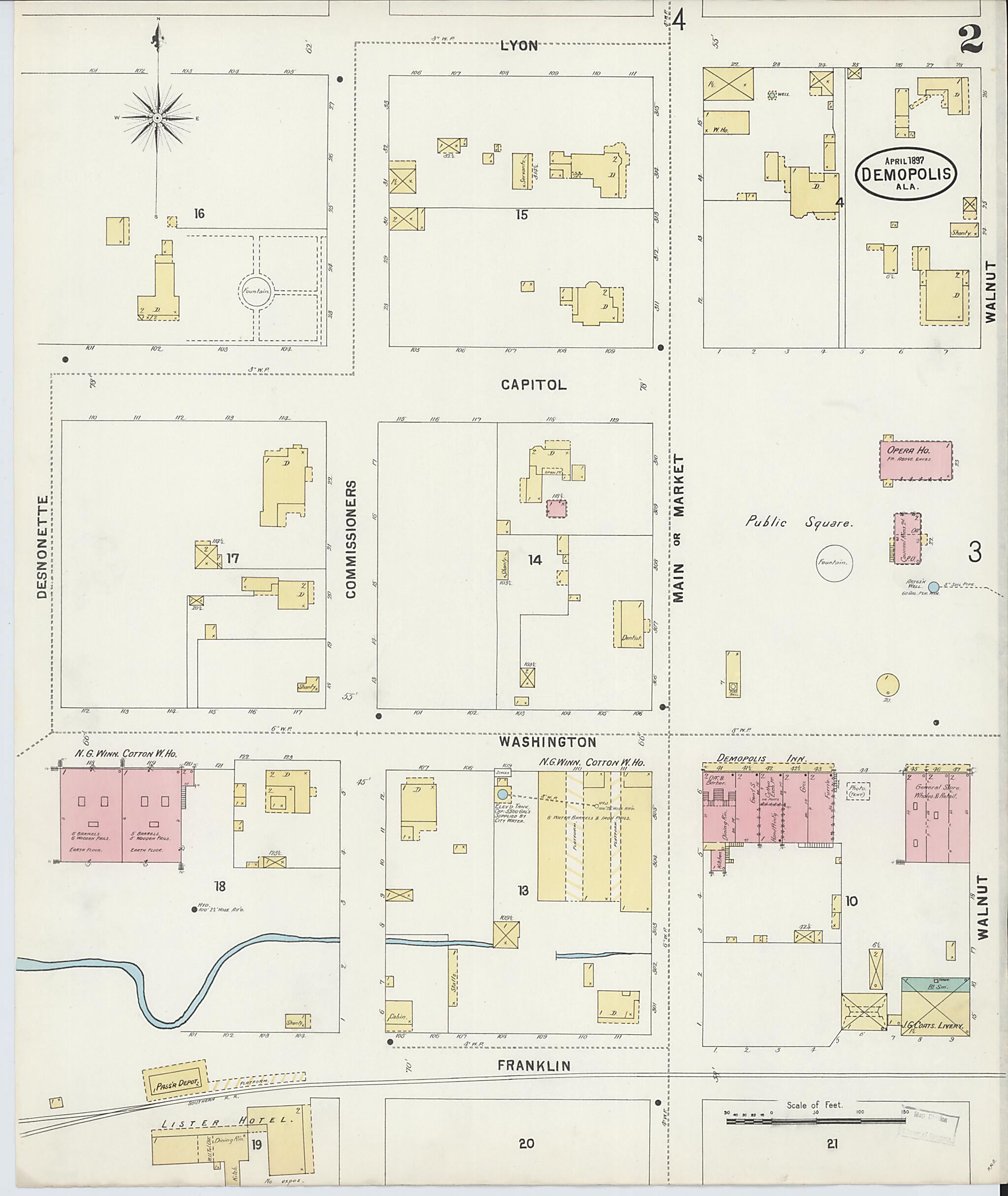 This old map of Demopolis, Marengo County, Alabama was created by Sanborn Map Company in 1897