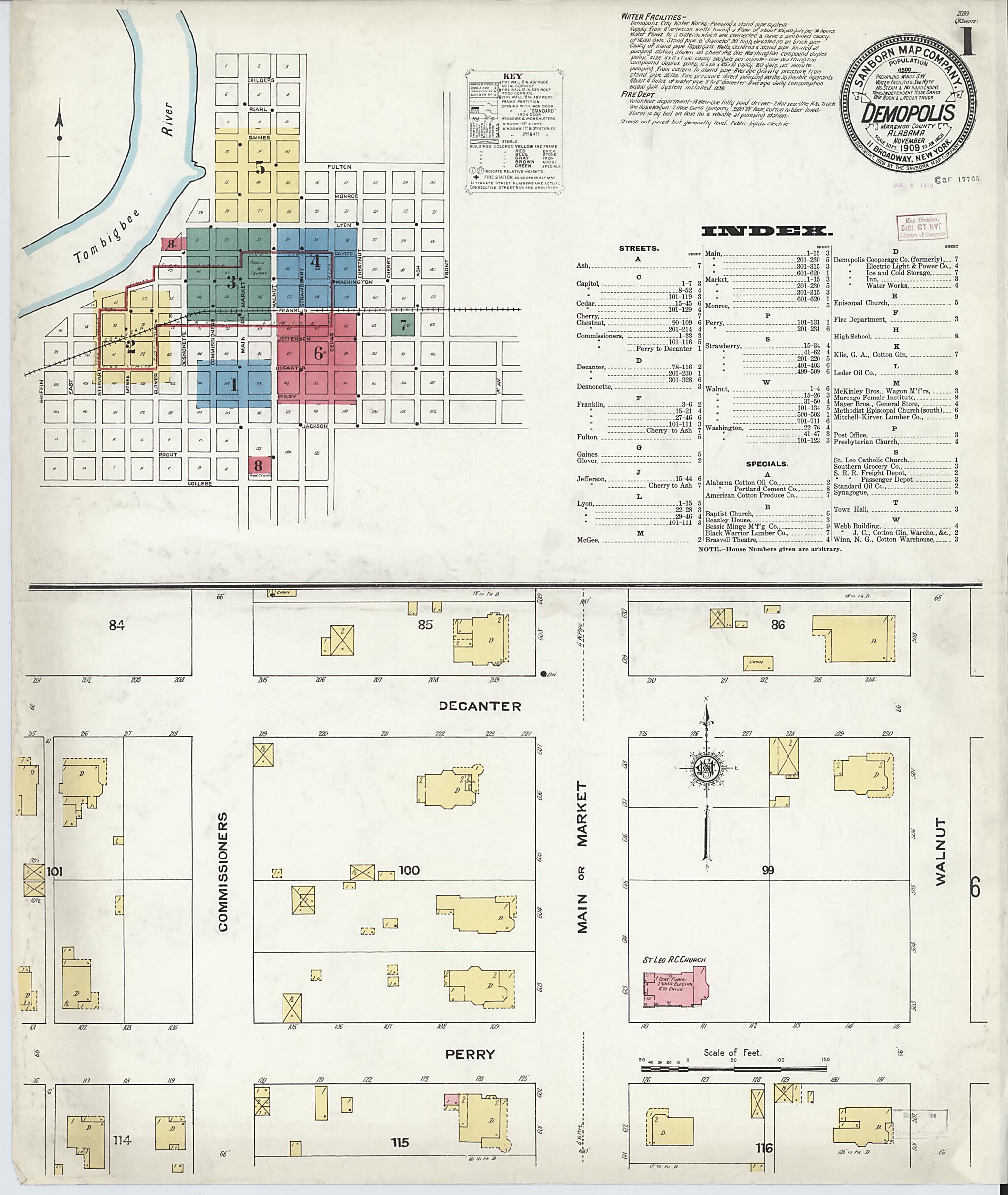 This old map of Demopolis, Marengo County, Alabama was created by Sanborn Map Company in 1909