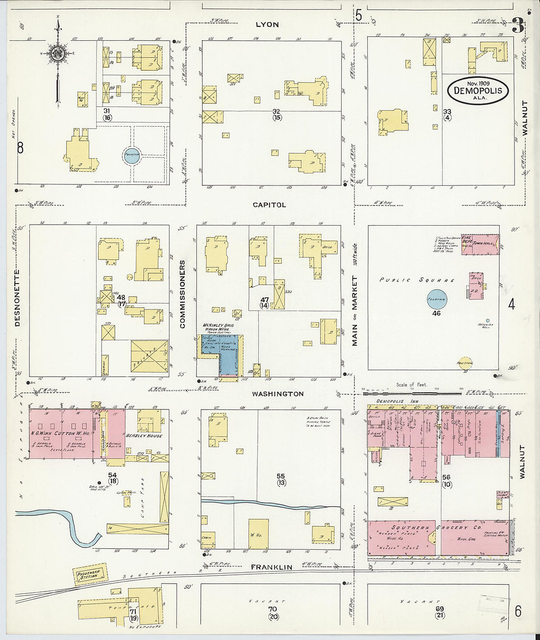 This old map of Demopolis, Marengo County, Alabama was created by Sanborn Map Company in 1909