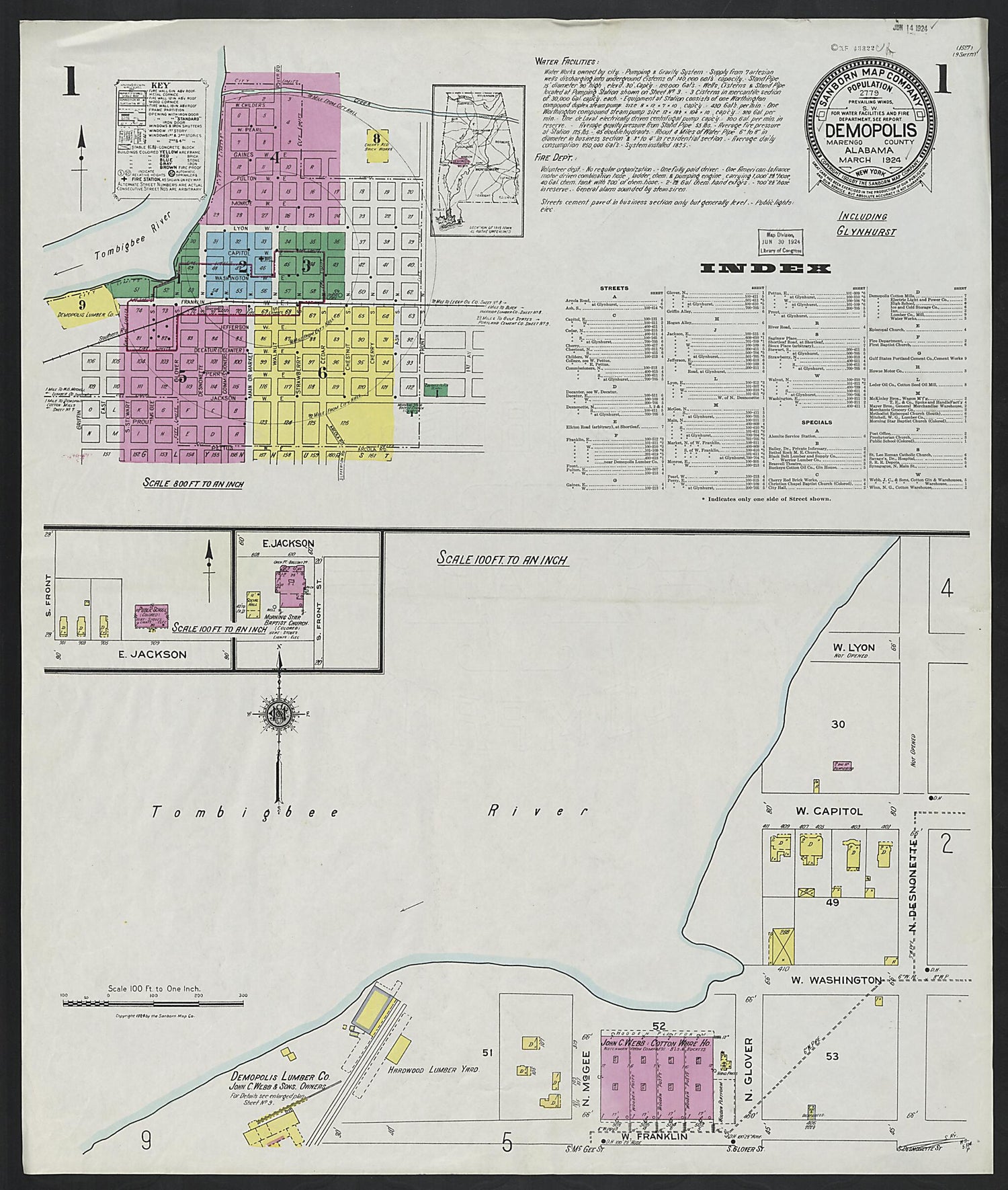 This old map of Demopolis, Marengo County, Alabama was created by Sanborn Map Company in 1924