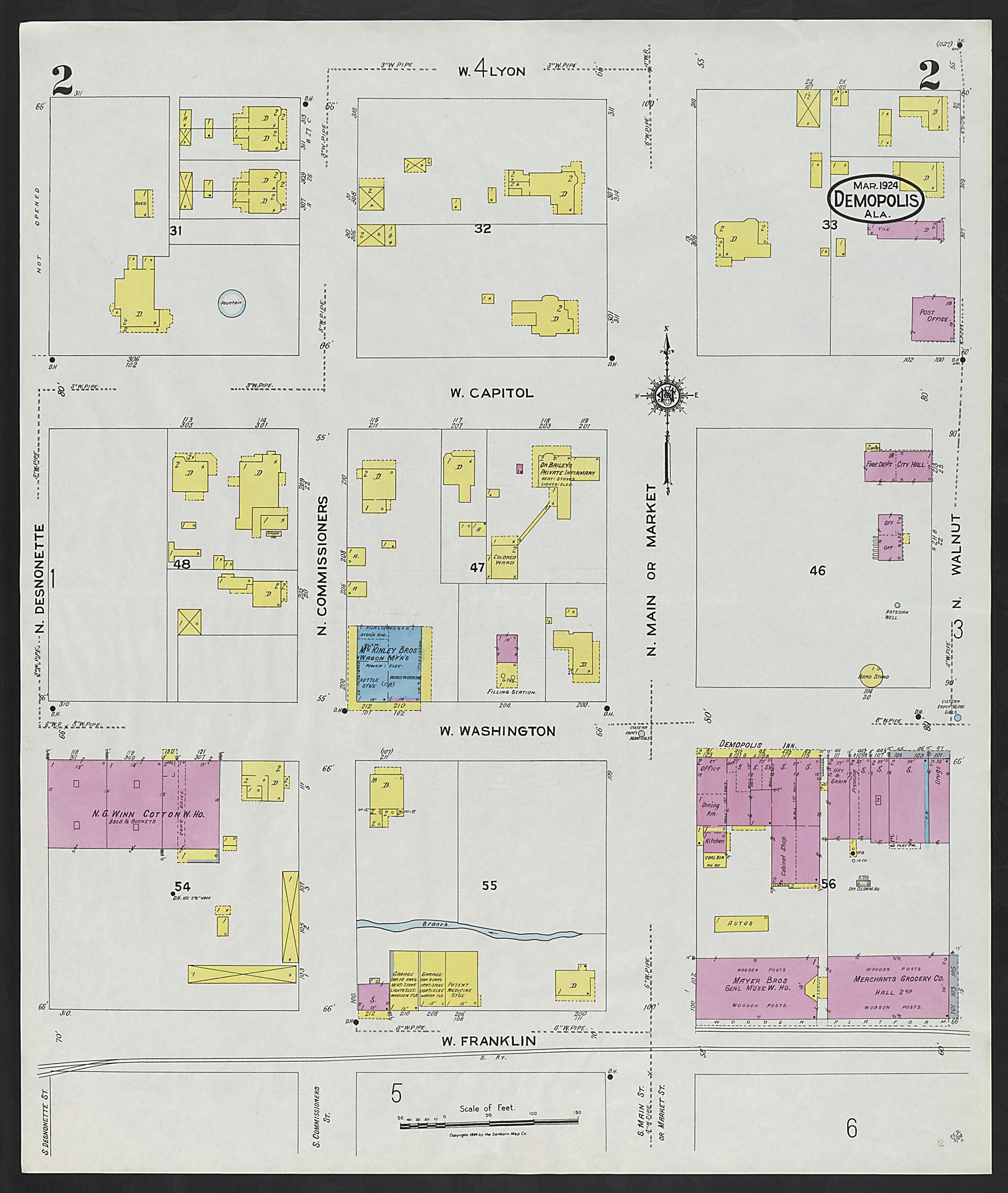 This old map of Demopolis, Marengo County, Alabama was created by Sanborn Map Company in 1924