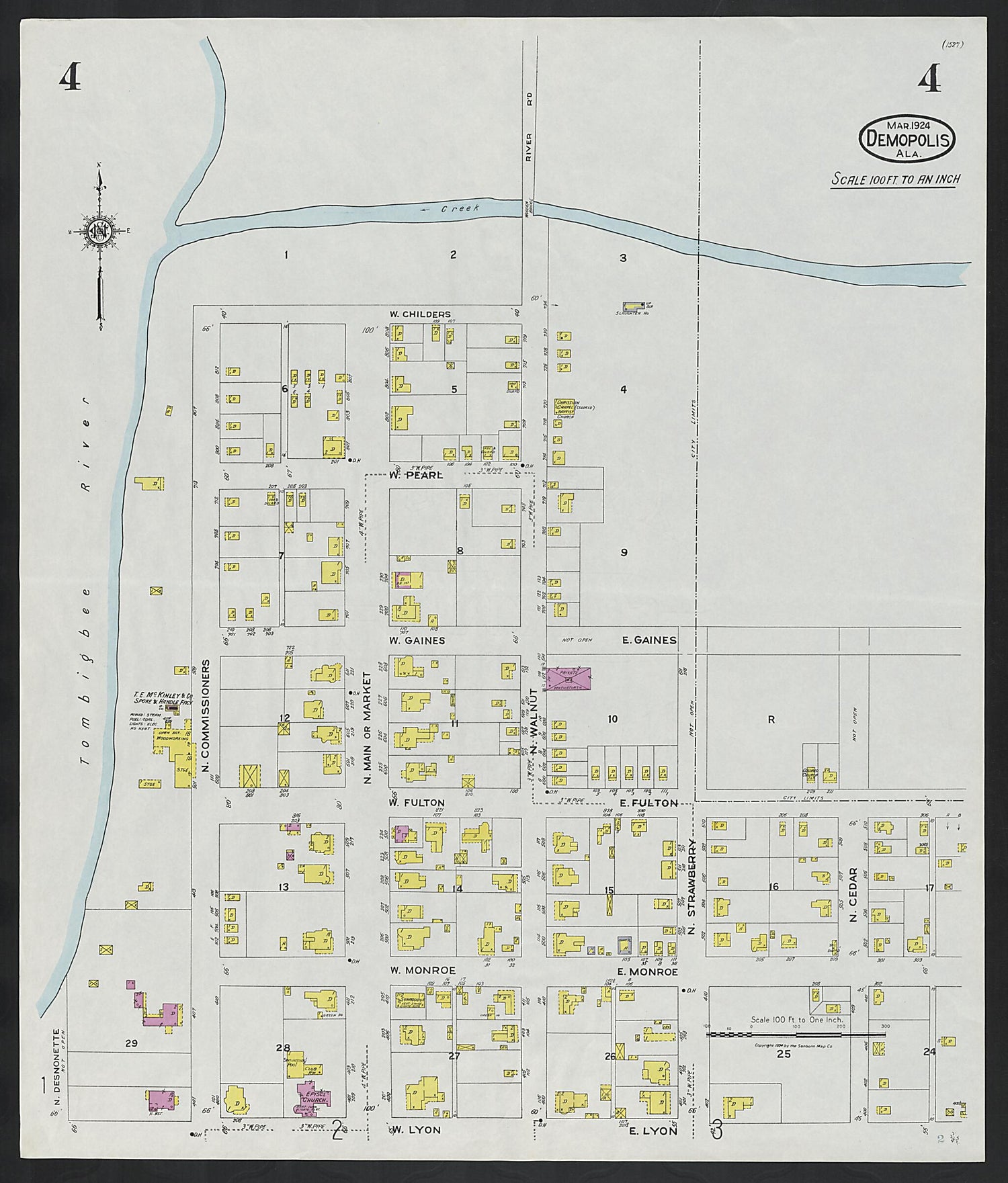 This old map of Demopolis, Marengo County, Alabama was created by Sanborn Map Company in 1924