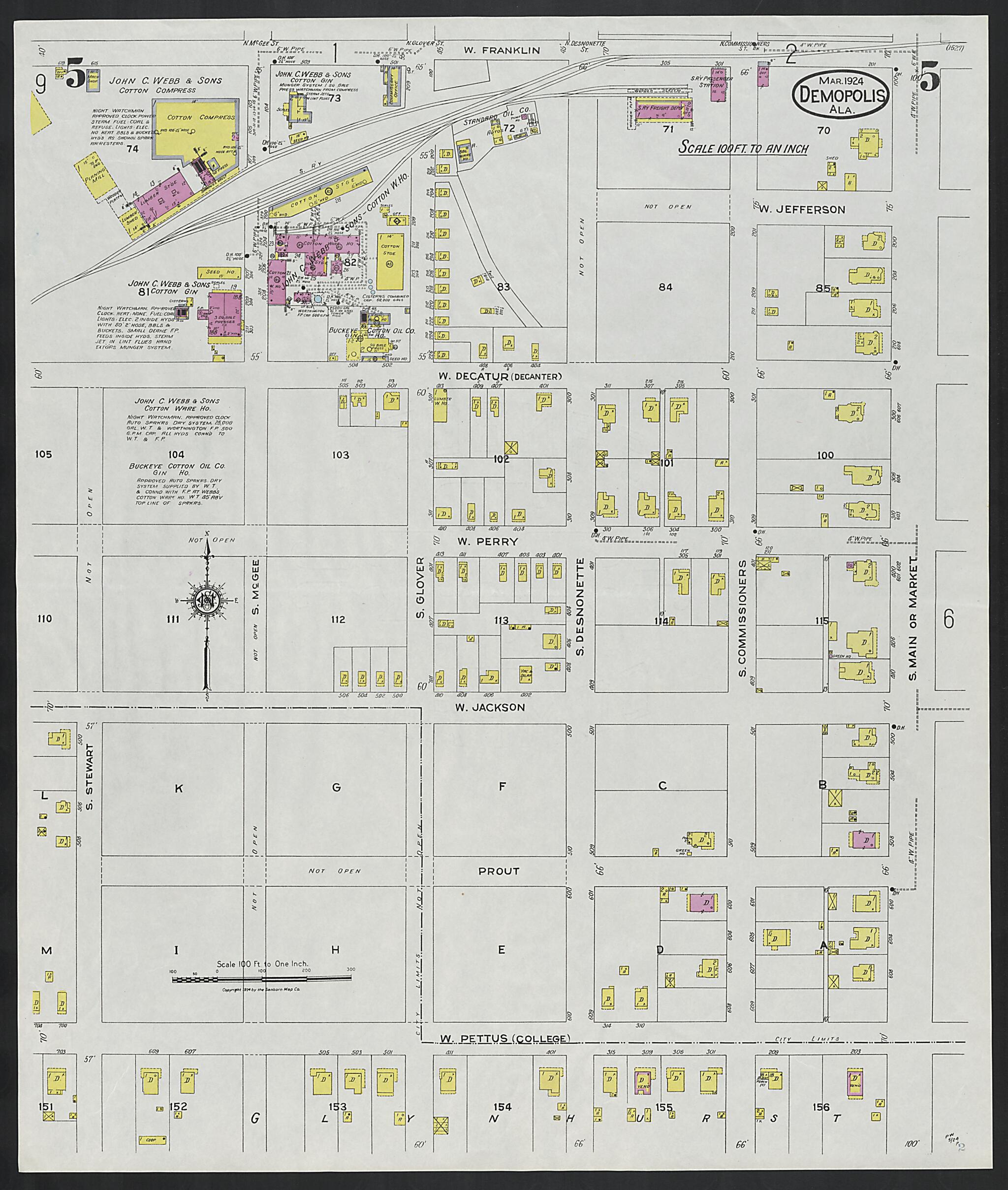 This old map of Demopolis, Marengo County, Alabama was created by Sanborn Map Company in 1924