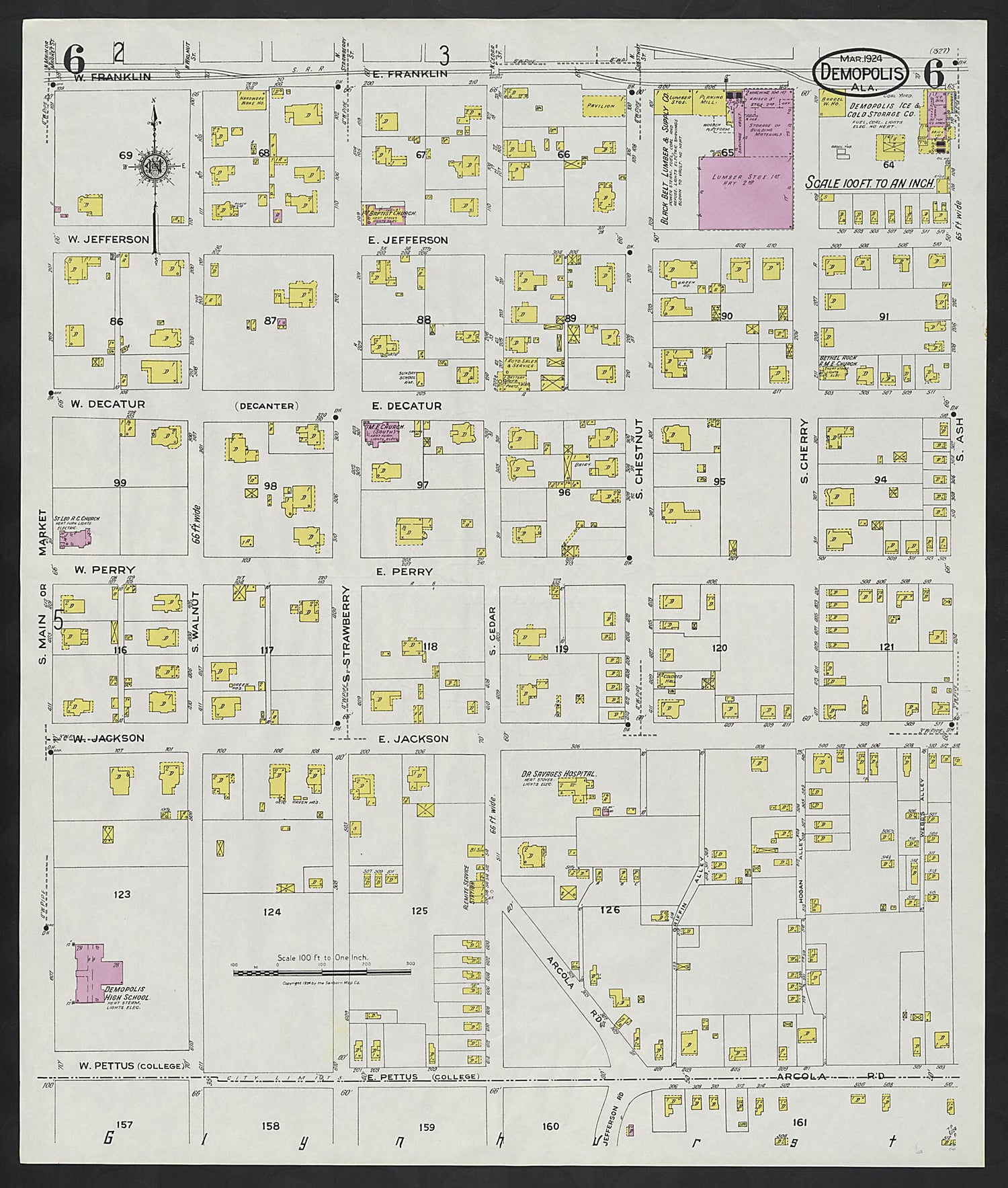 This old map of Demopolis, Marengo County, Alabama was created by Sanborn Map Company in 1924