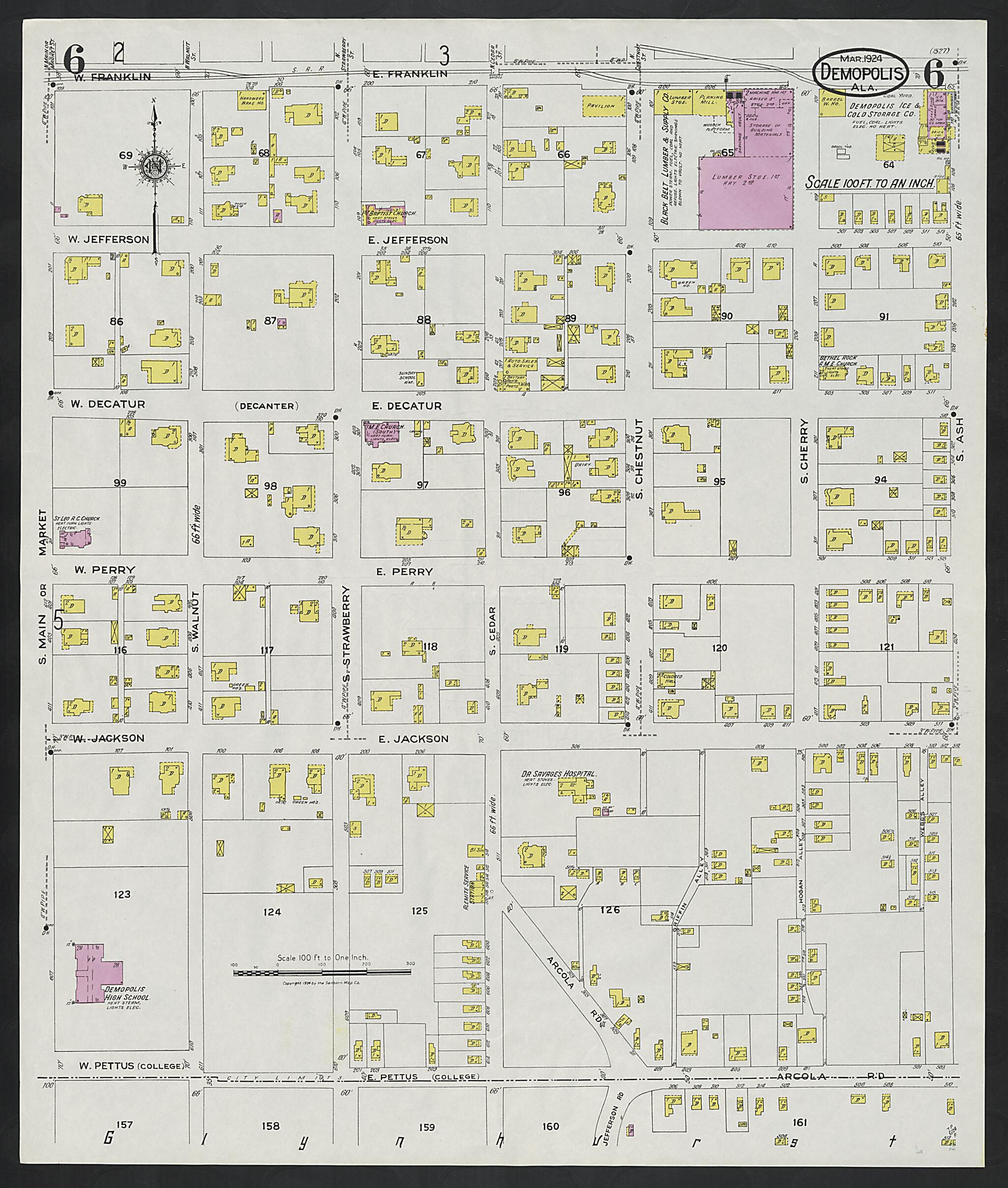 This old map of Demopolis, Marengo County, Alabama was created by Sanborn Map Company in 1924