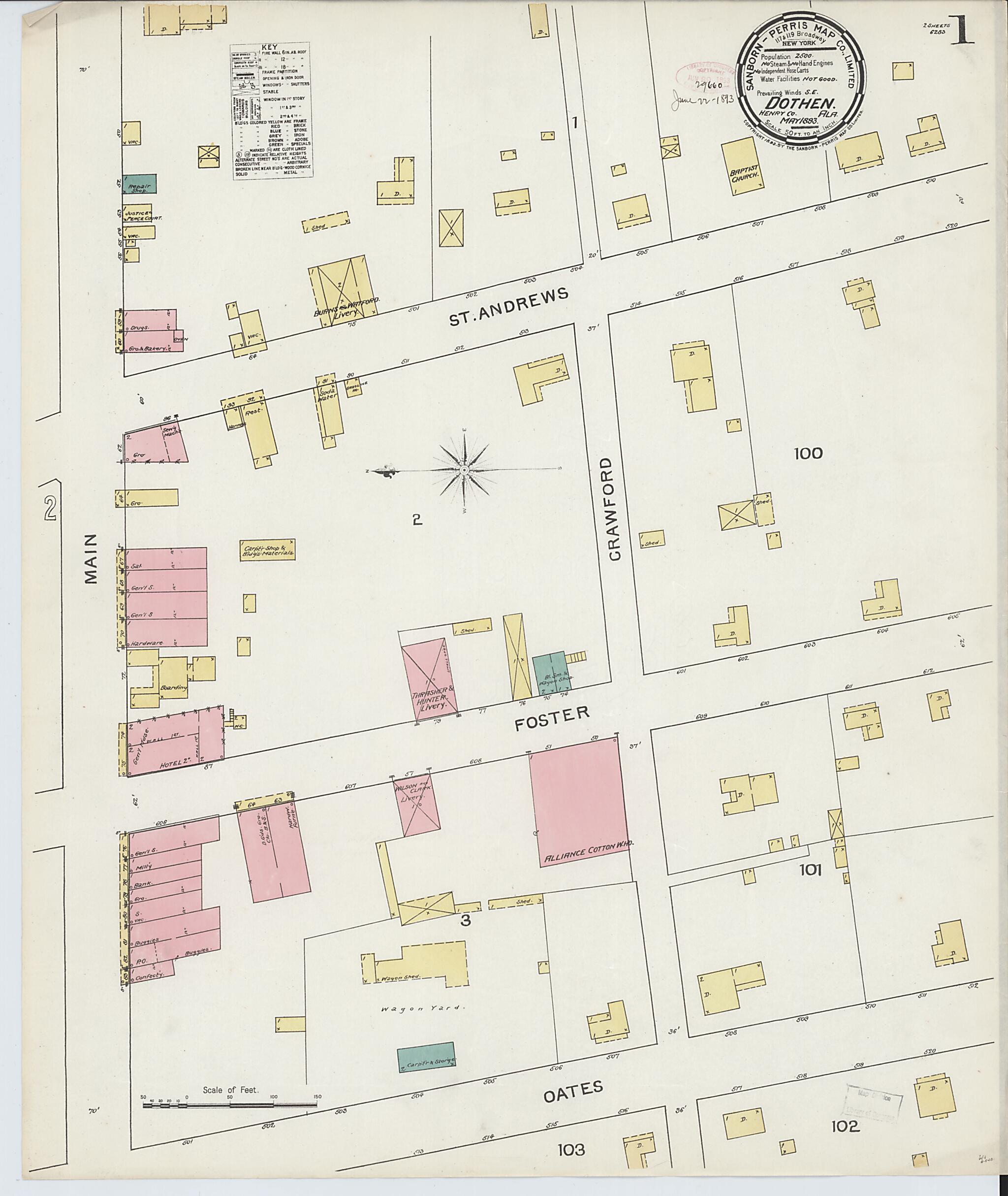 This old map of Dothan, Houston County, Alabama was created by Sanborn Map Company in 1893