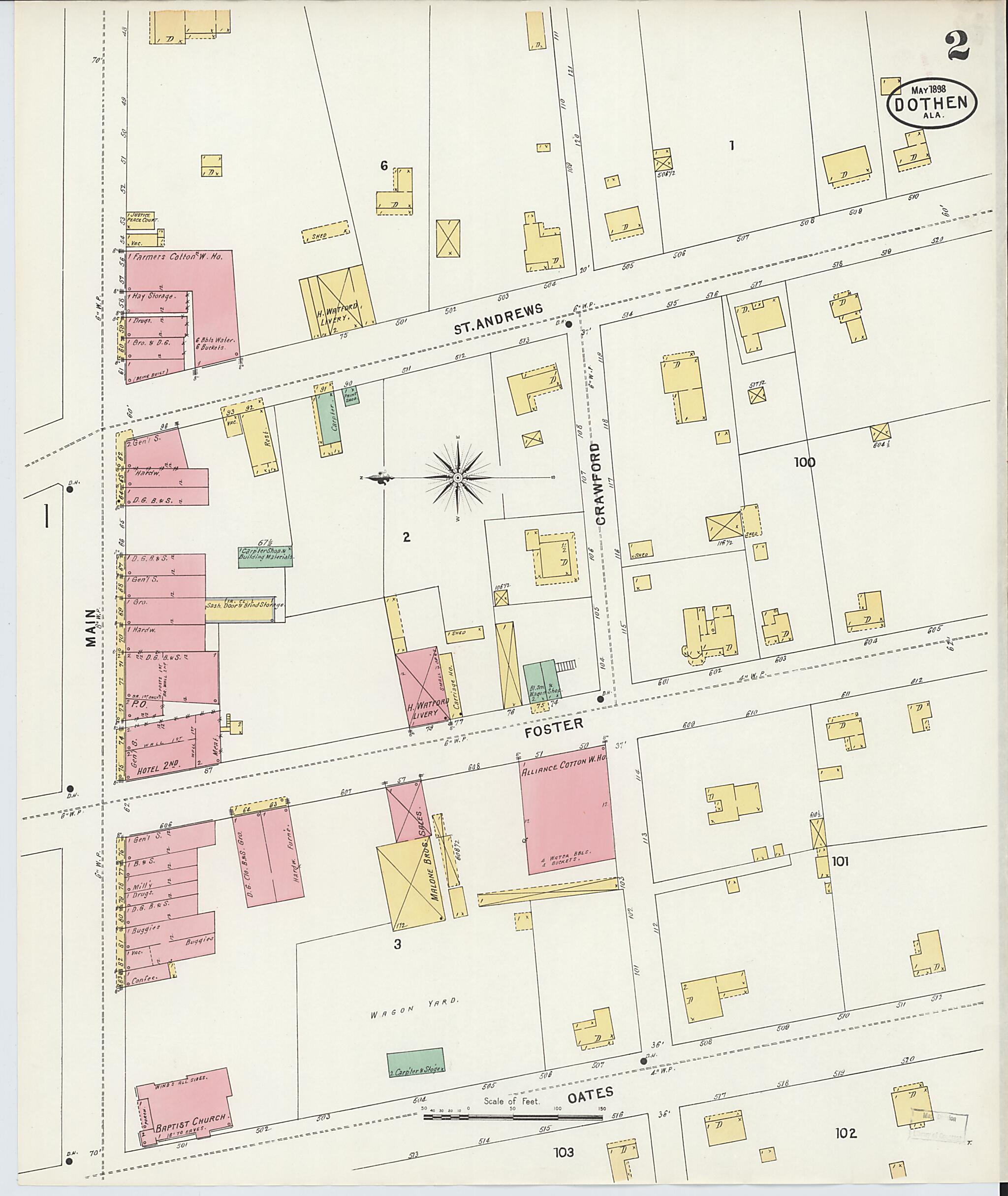 This old map of Dothan, Houston County, Alabama was created by Sanborn Map Company in 1898