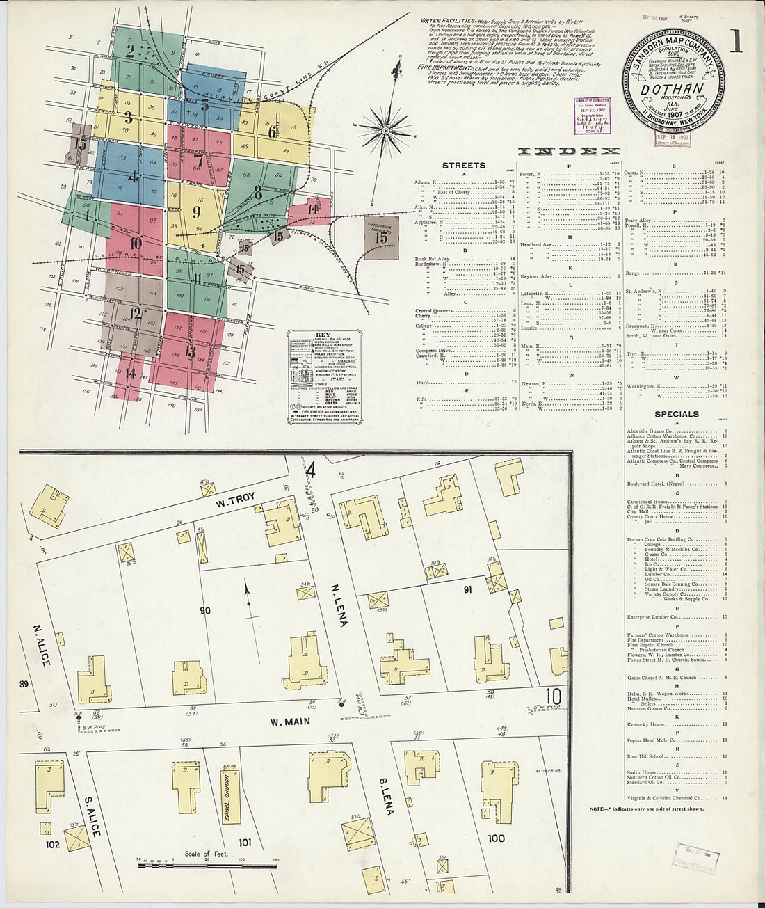 This old map of Dothan, Houston County, Alabama was created by Sanborn Map Company in 1907