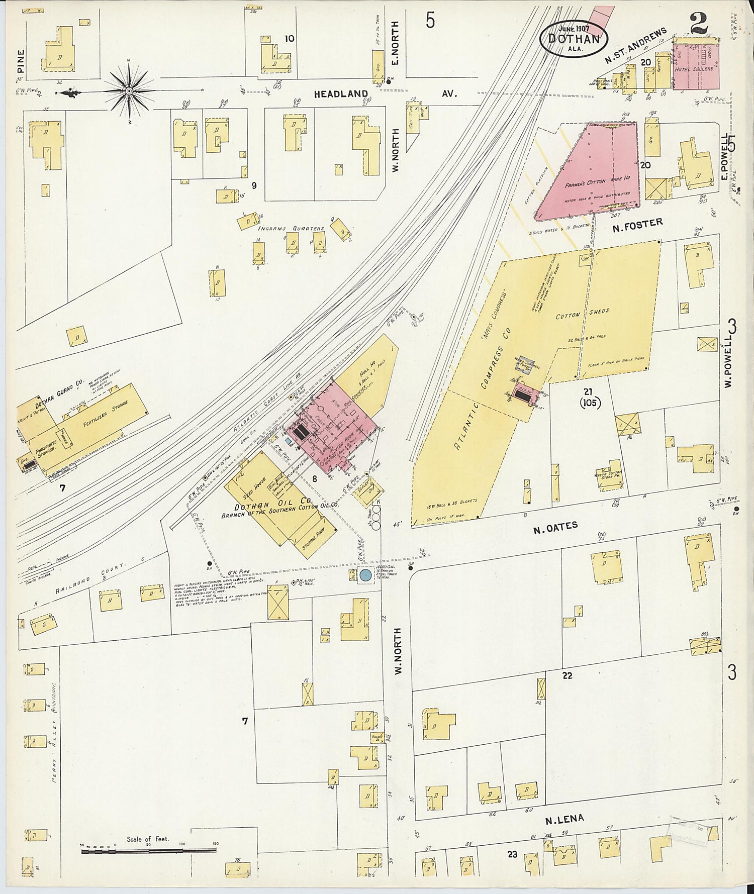 This old map of Dothan, Houston County, Alabama was created by Sanborn Map Company in 1907