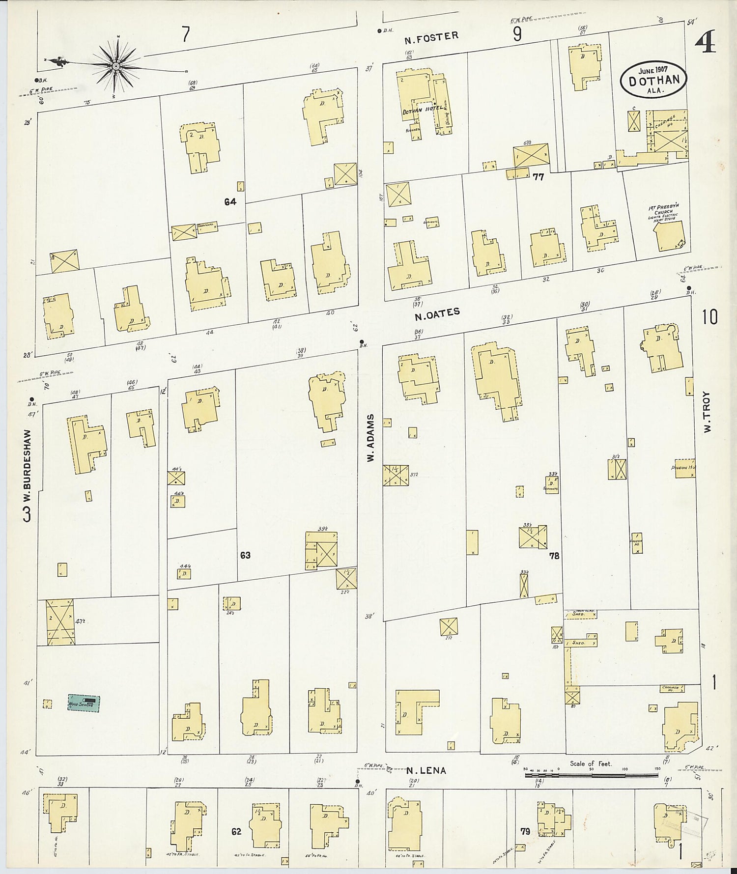 This old map of Dothan, Houston County, Alabama was created by Sanborn Map Company in 1907