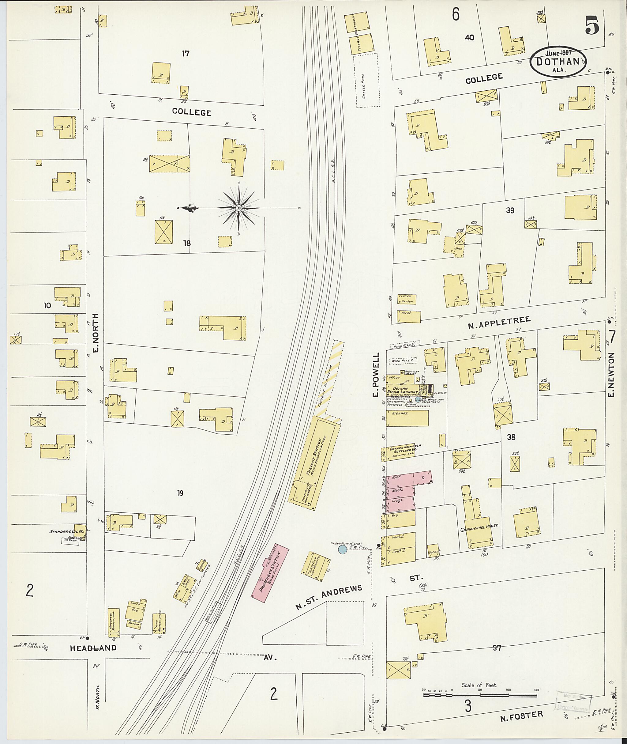 This old map of Dothan, Houston County, Alabama was created by Sanborn Map Company in 1907