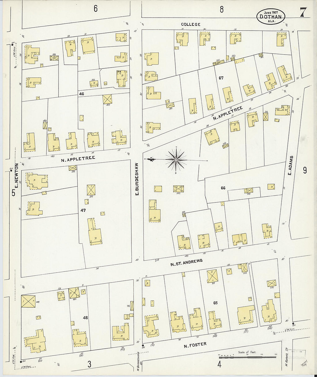 This old map of Dothan, Houston County, Alabama was created by Sanborn Map Company in 1907