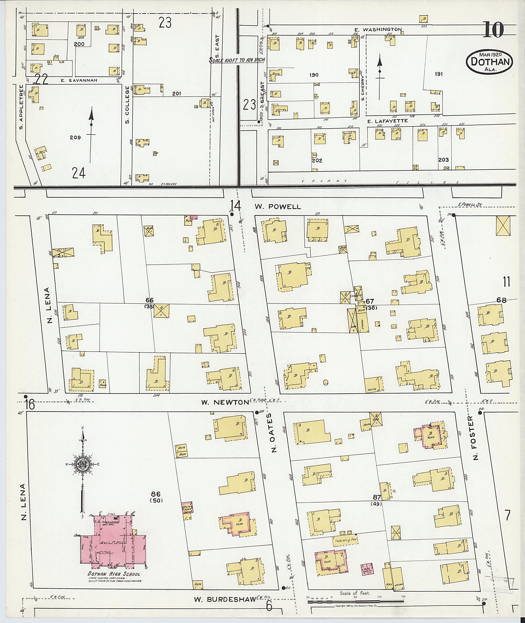 This old map of Dothan, Houston County, Alabama was created by Sanborn Map Company in 1920