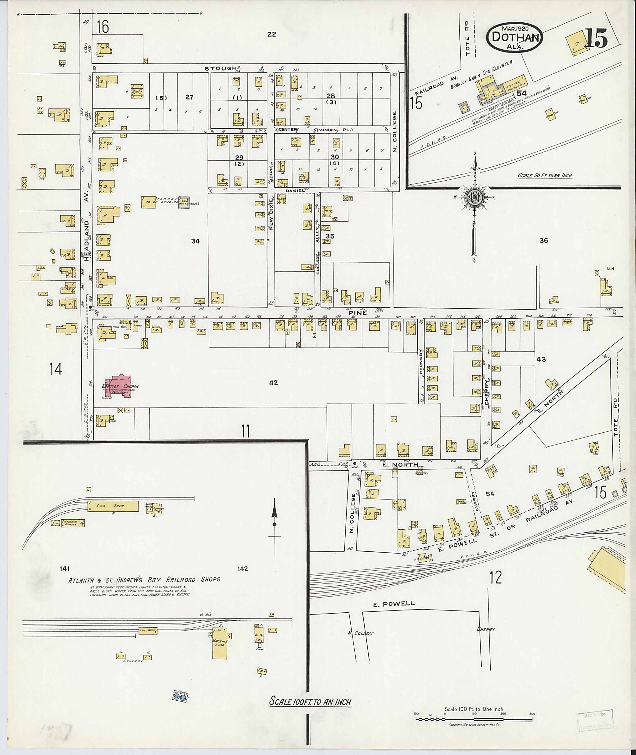 This old map of Dothan, Houston County, Alabama was created by Sanborn Map Company in 1920