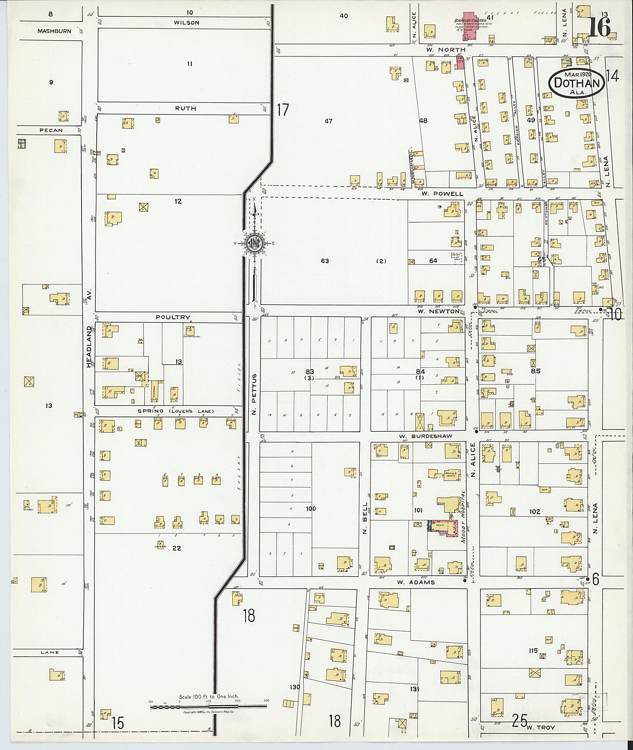 This old map of Dothan, Houston County, Alabama was created by Sanborn Map Company in 1920