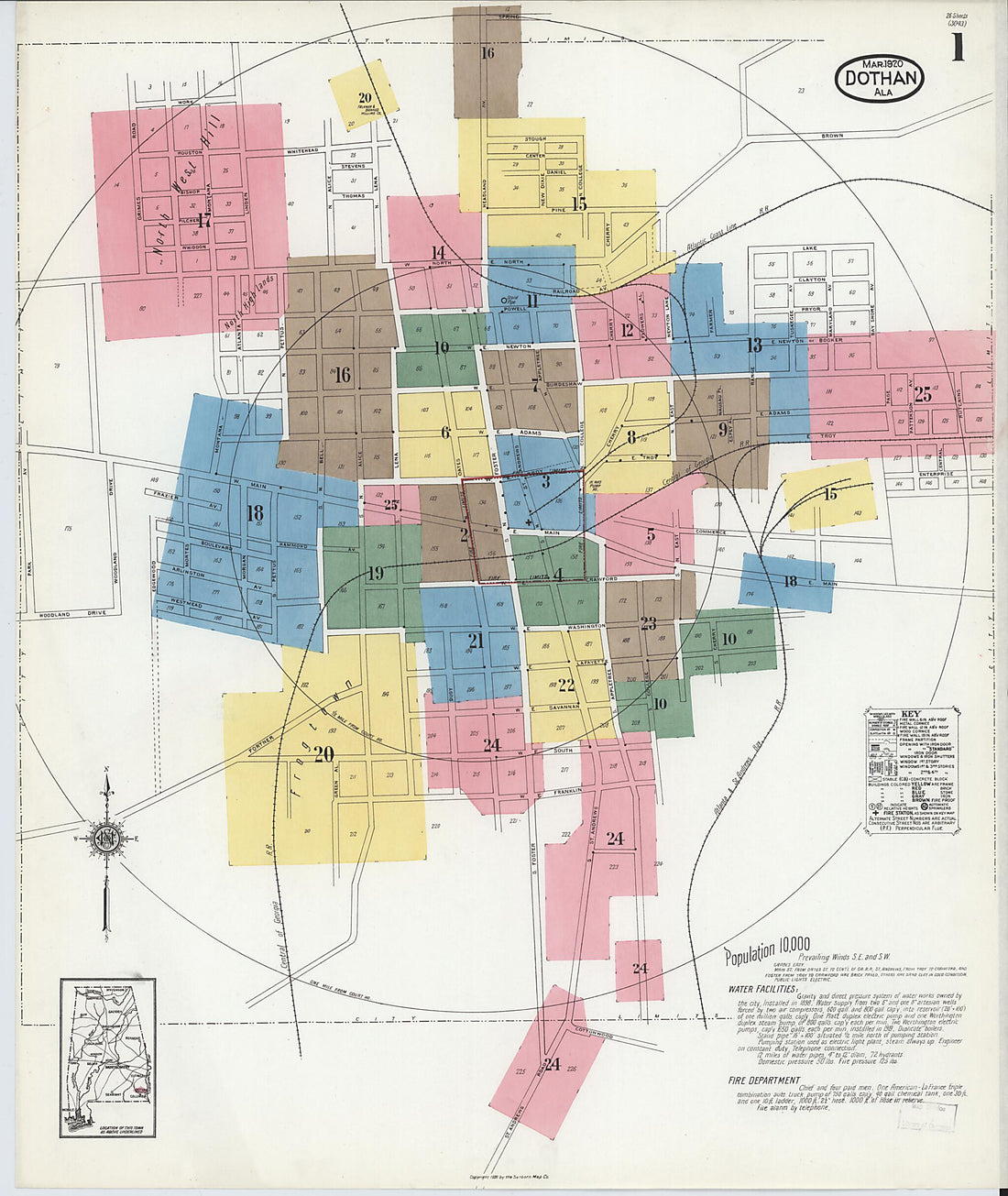 This old map of Dothan, Houston County, Alabama was created by Sanborn Map Company in 1920