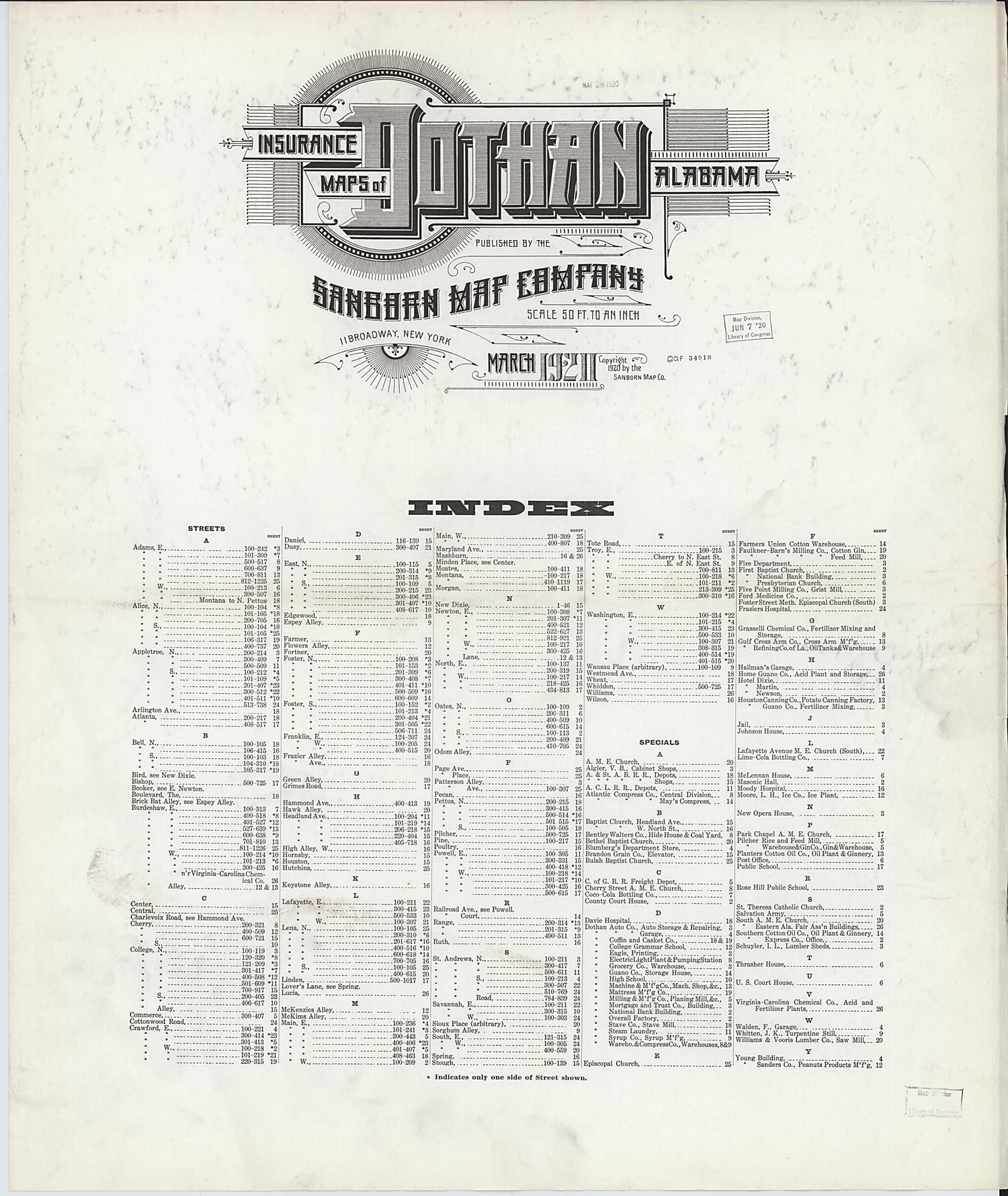 This old map of Dothan, Houston County, Alabama was created by Sanborn Map Company in 1920