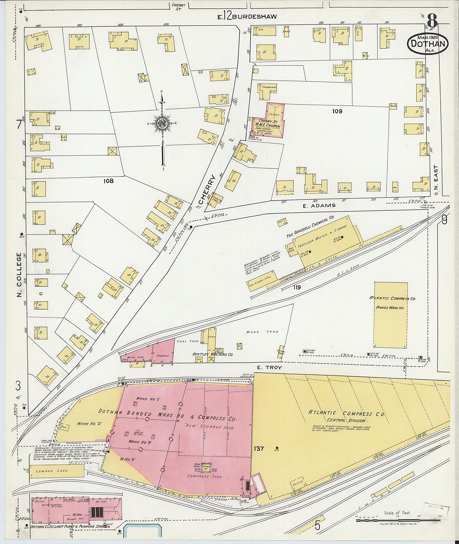 This old map of Dothan, Houston County, Alabama was created by Sanborn Map Company in 1920