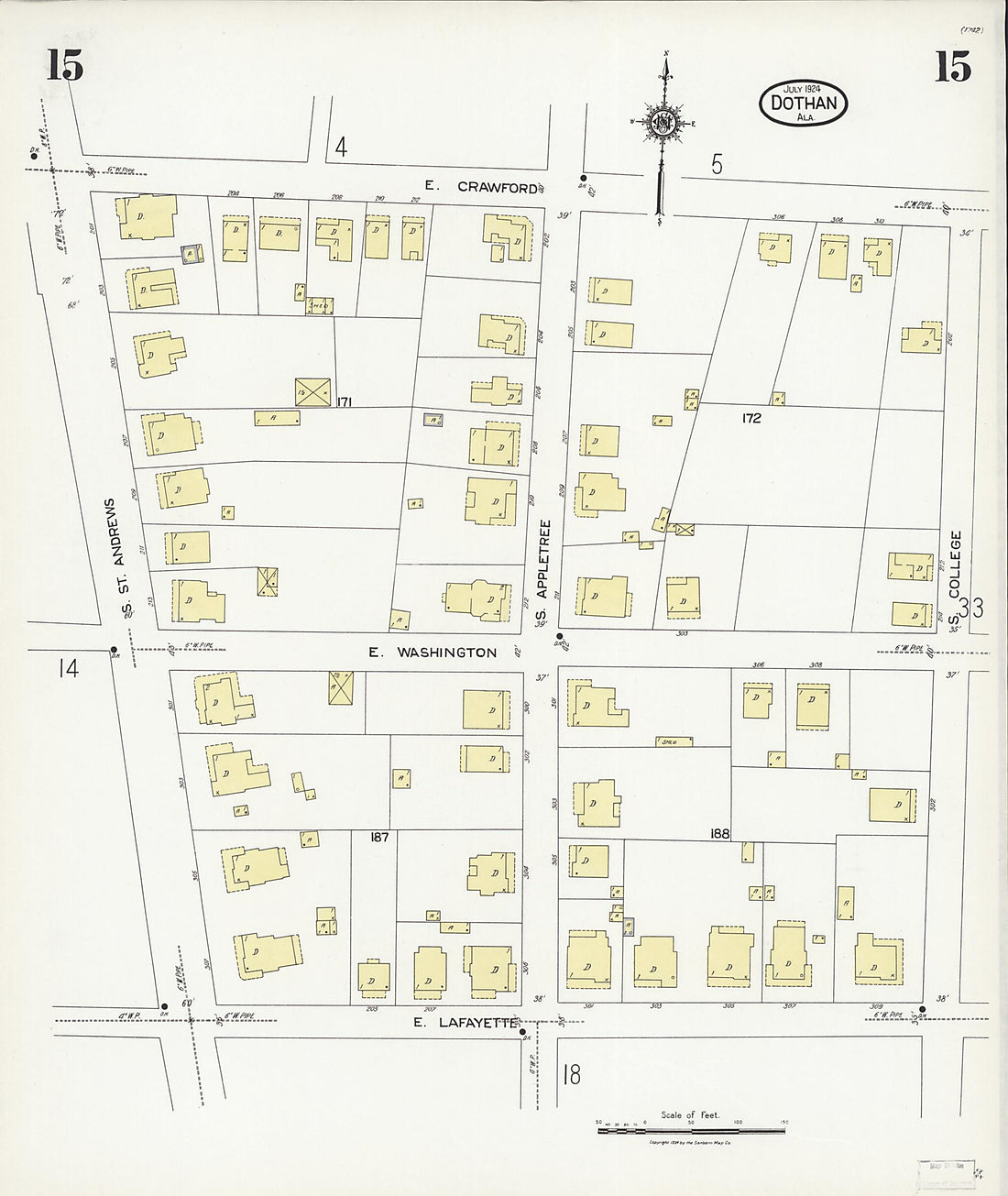 This old map of Dothan, Houston County, Alabama was created by Sanborn Map Company in 1924