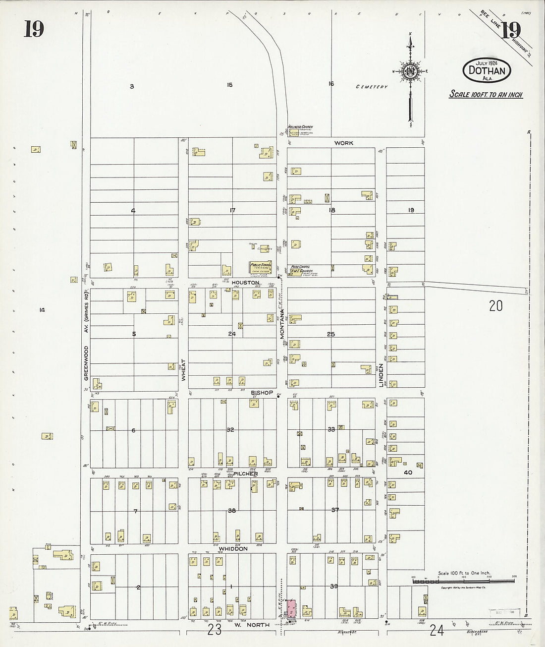 This old map of Dothan, Houston County, Alabama was created by Sanborn Map Company in 1924