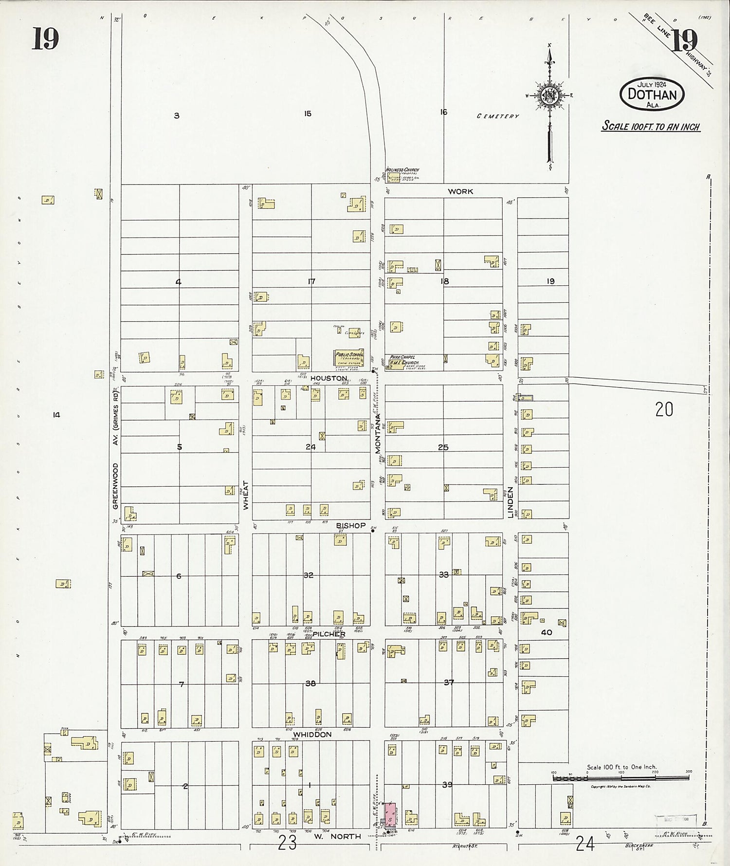 This old map of Dothan, Houston County, Alabama was created by Sanborn Map Company in 1924