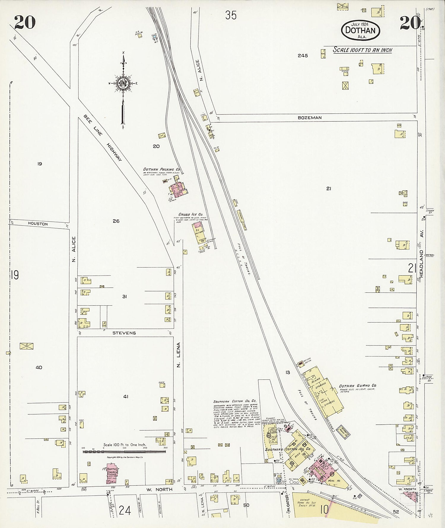 This old map of Dothan, Houston County, Alabama was created by Sanborn Map Company in 1924