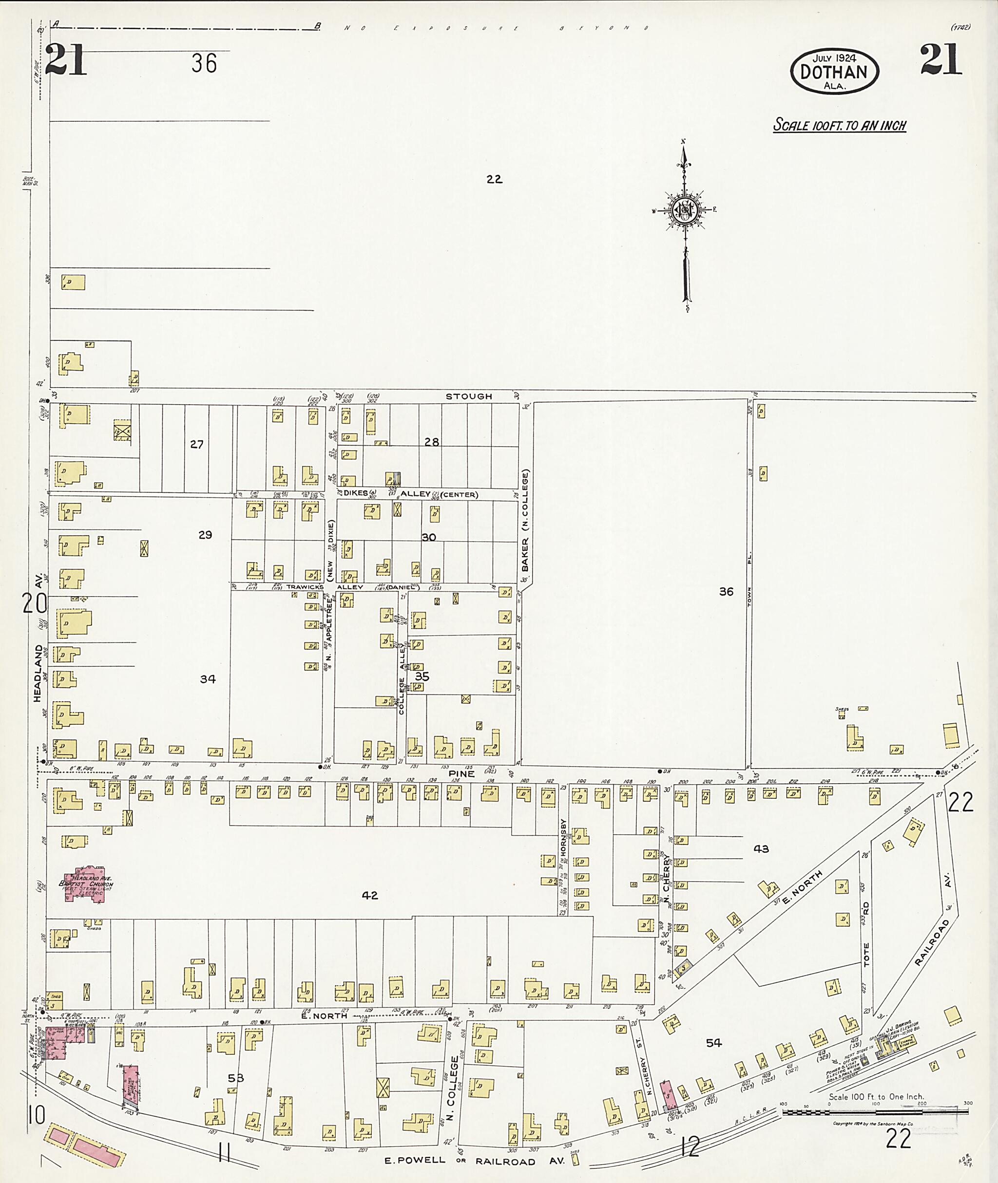 This old map of Dothan, Houston County, Alabama was created by Sanborn Map Company in 1924