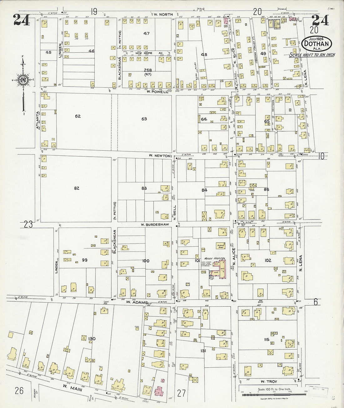 This old map of Dothan, Houston County, Alabama was created by Sanborn Map Company in 1924