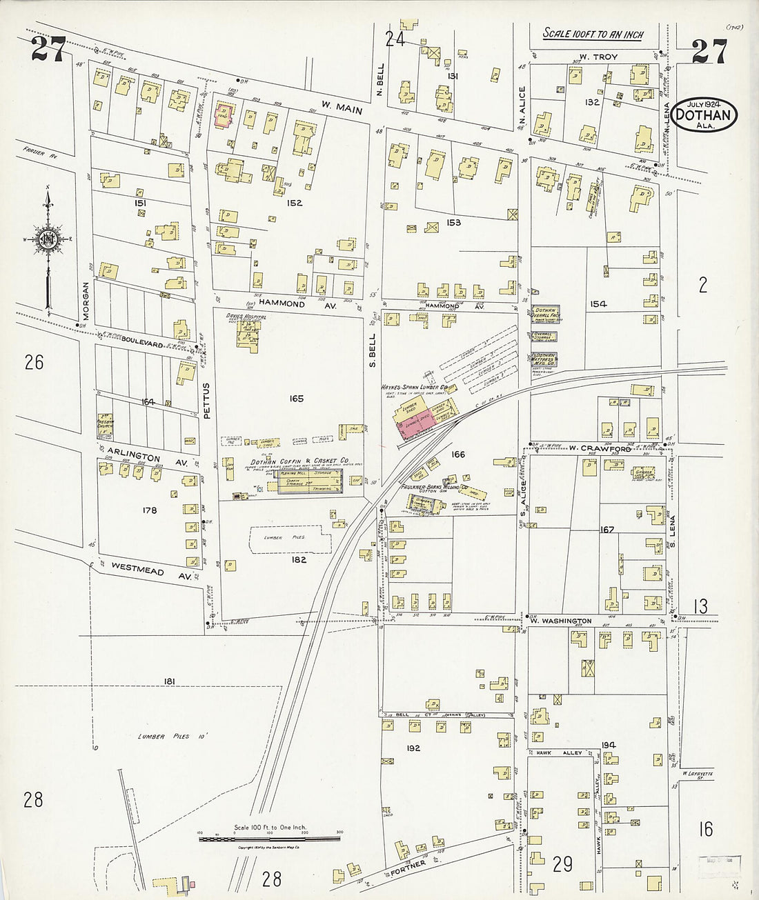 This old map of Dothan, Houston County, Alabama was created by Sanborn Map Company in 1924