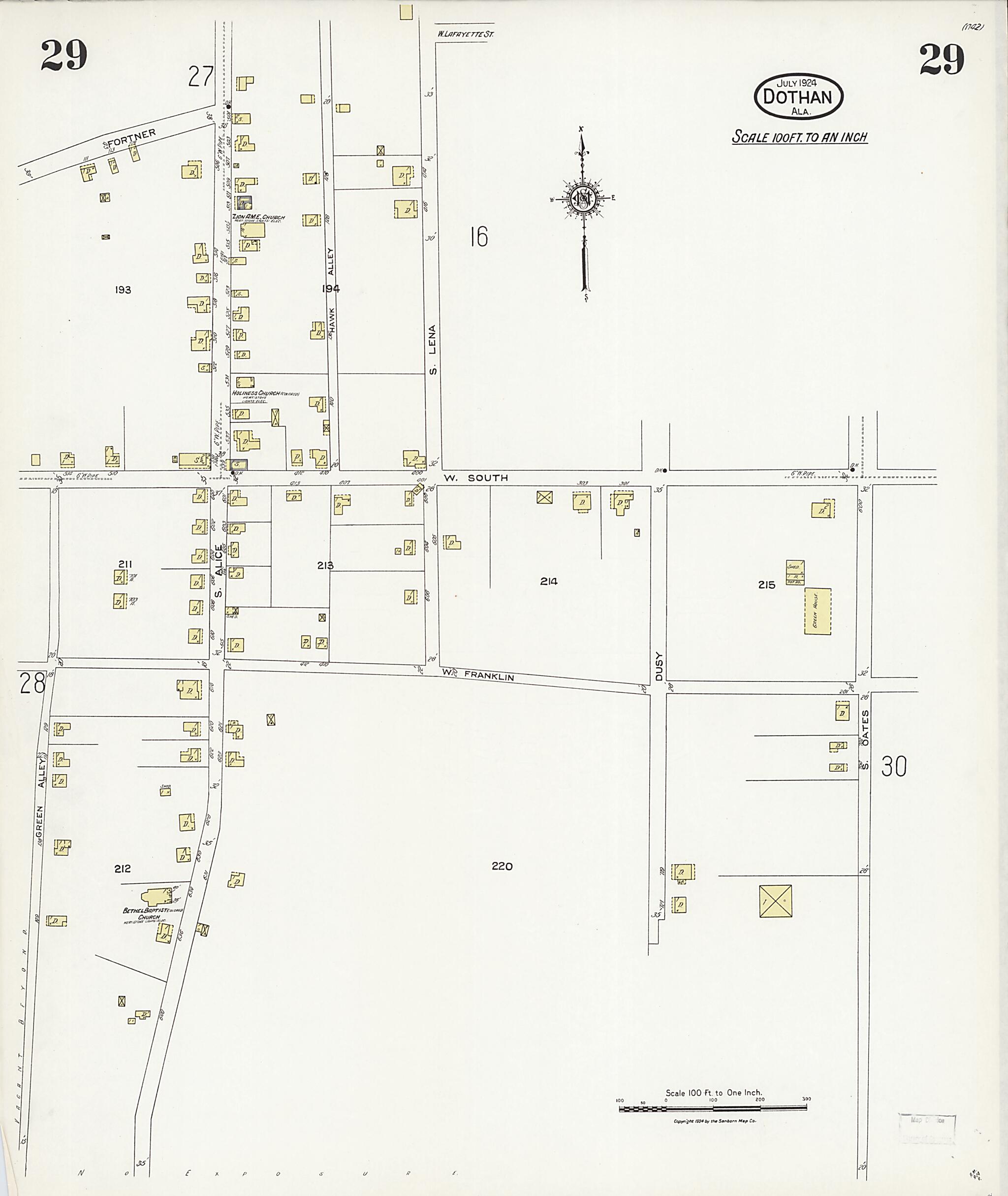 This old map of Dothan, Houston County, Alabama was created by Sanborn Map Company in 1924