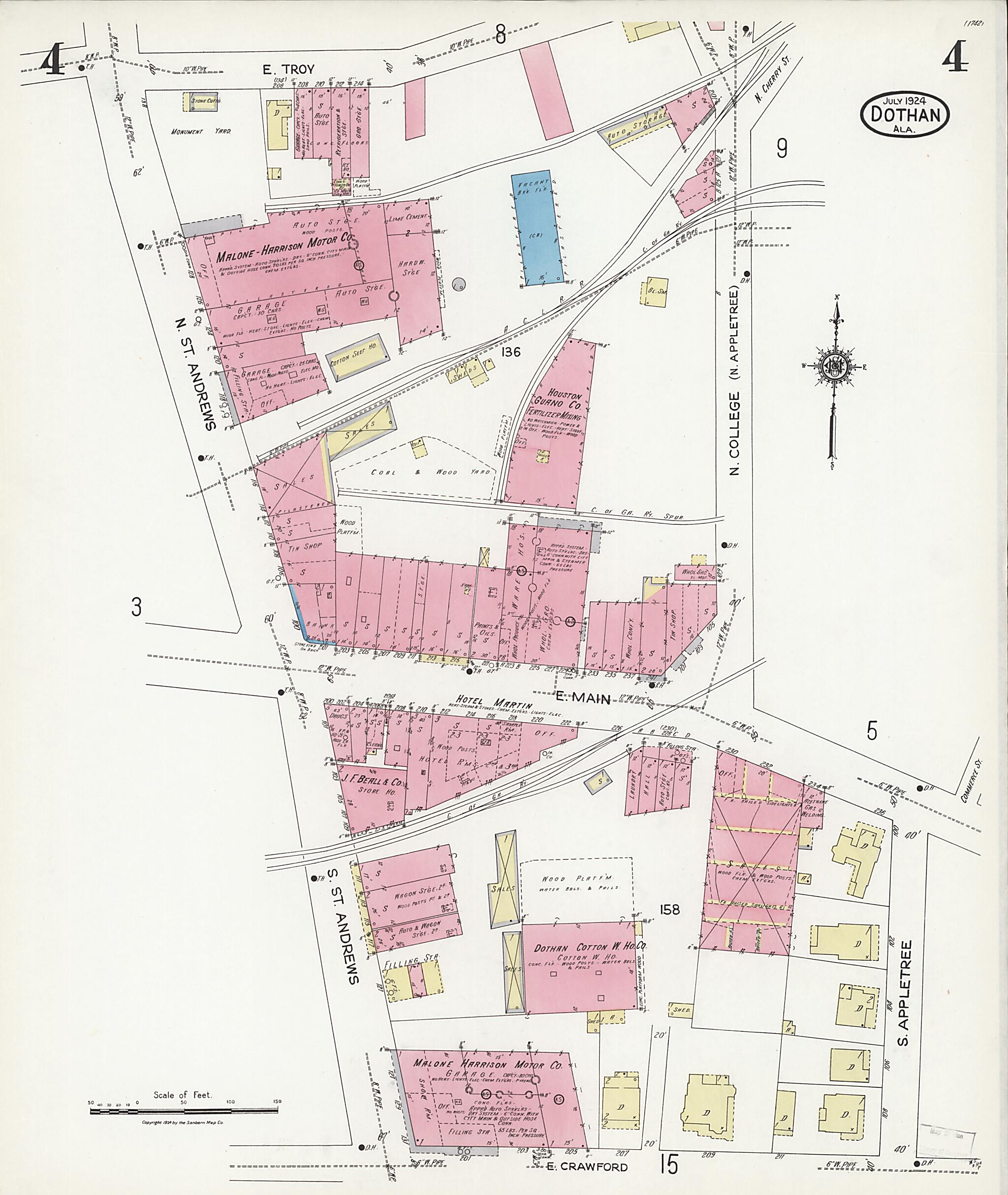 This old map of Dothan, Houston County, Alabama was created by Sanborn Map Company in 1924