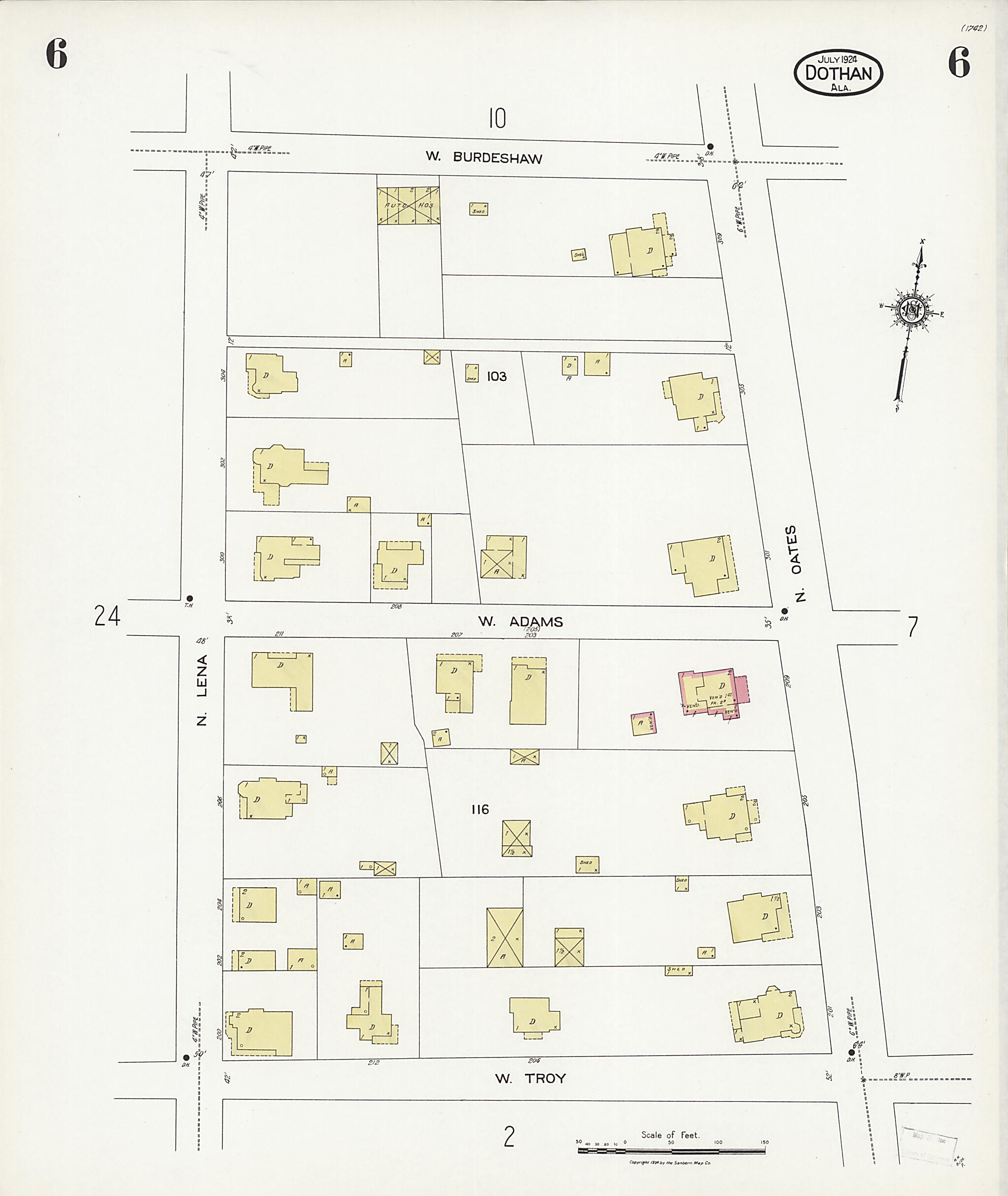 This old map of Dothan, Houston County, Alabama was created by Sanborn Map Company in 1924