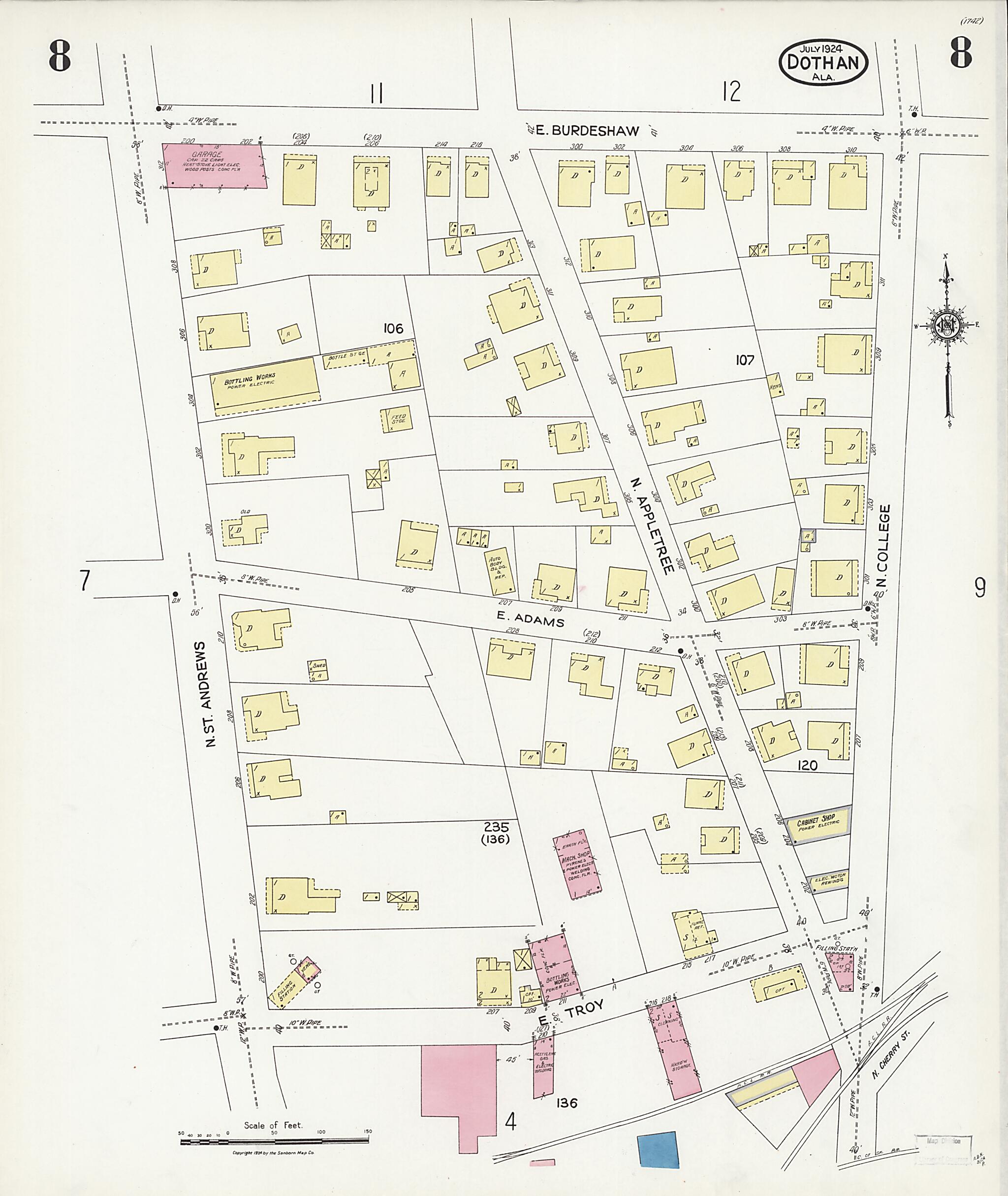 This old map of Dothan, Houston County, Alabama was created by Sanborn Map Company in 1924