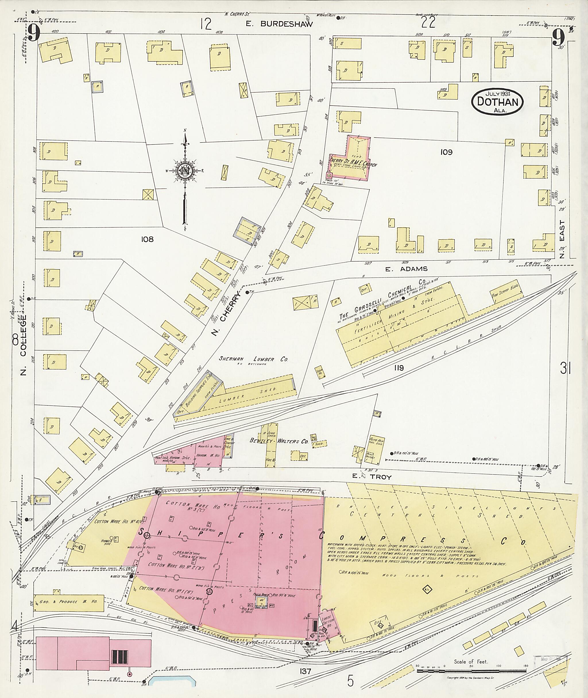 This old map of Dothan, Houston County, Alabama was created by Sanborn Map Company in 1924