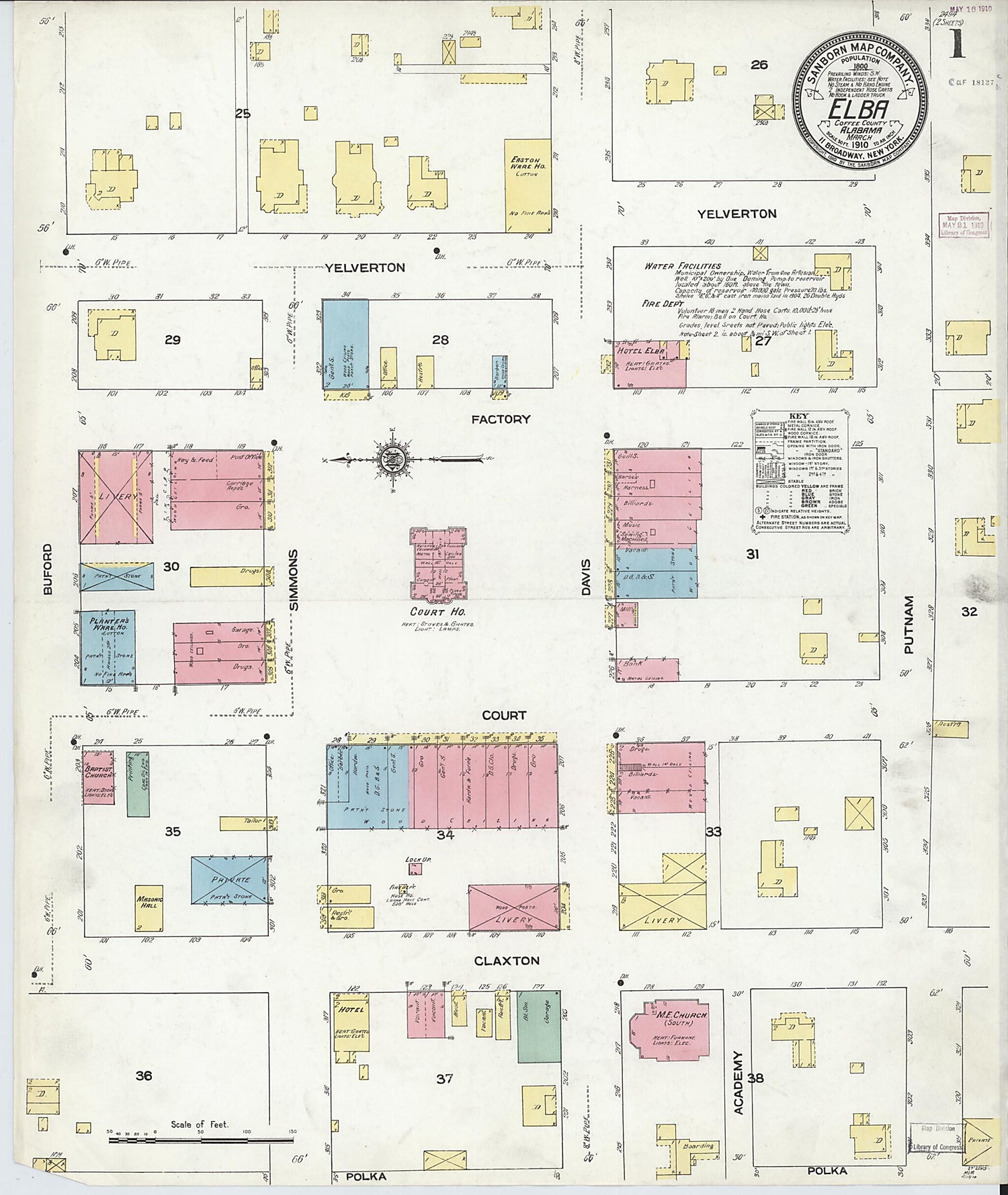 This old map of Elba, Coffee County, Alabama was created by Sanborn Map Company in 1910