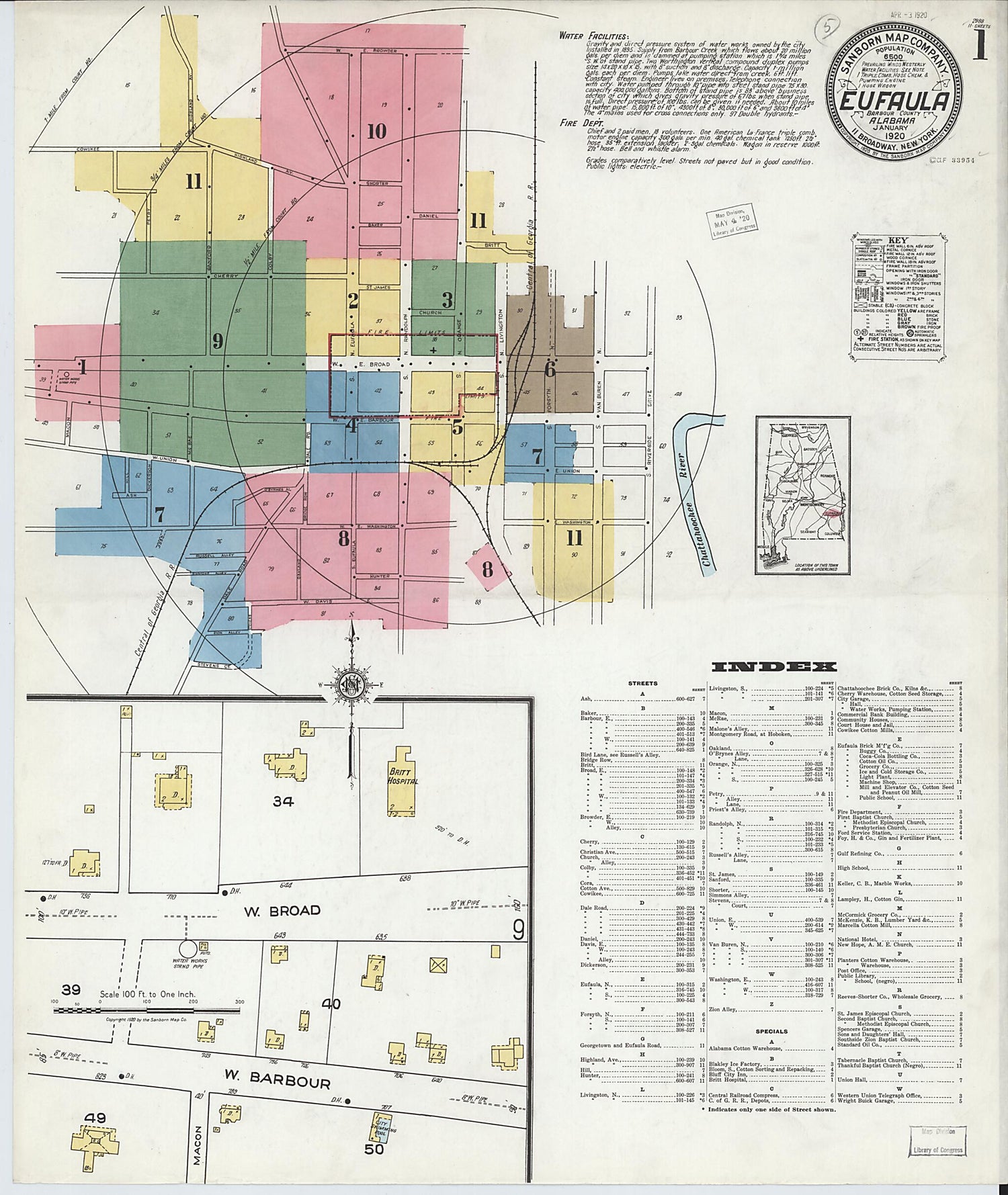 This old map of Eufaula, Barbour County, Alabama was created by Sanborn Map Company in 1920