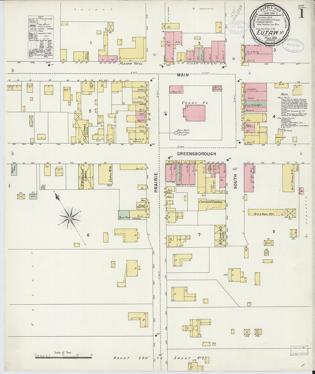 This old map of Eutaw, Greene County, Alabama was created by Sanborn Map Company in 1898