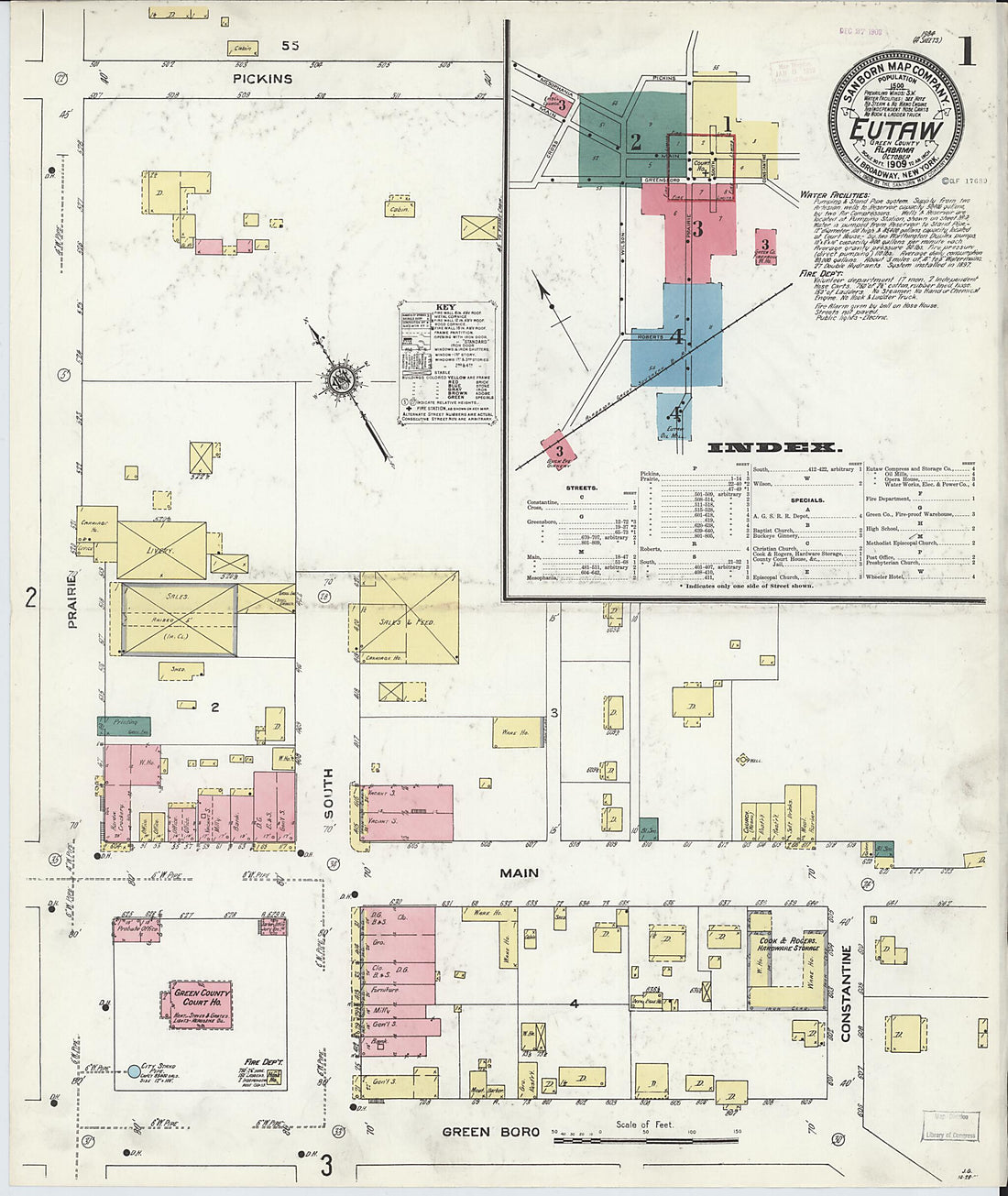 This old map of Eutaw, Greene County, Alabama was created by Sanborn Map Company in 1909