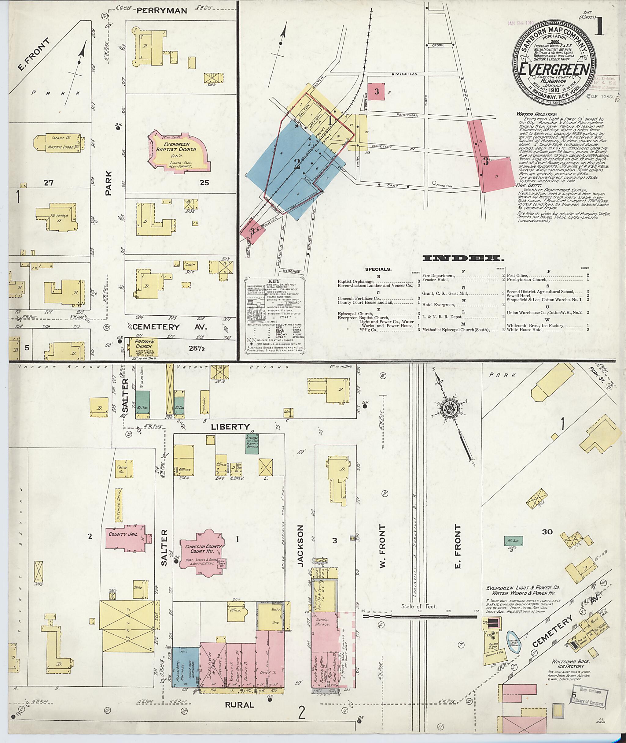 This old map of Evergreen, Conecuh County, Alabama was created by Sanborn Map Company in 1910