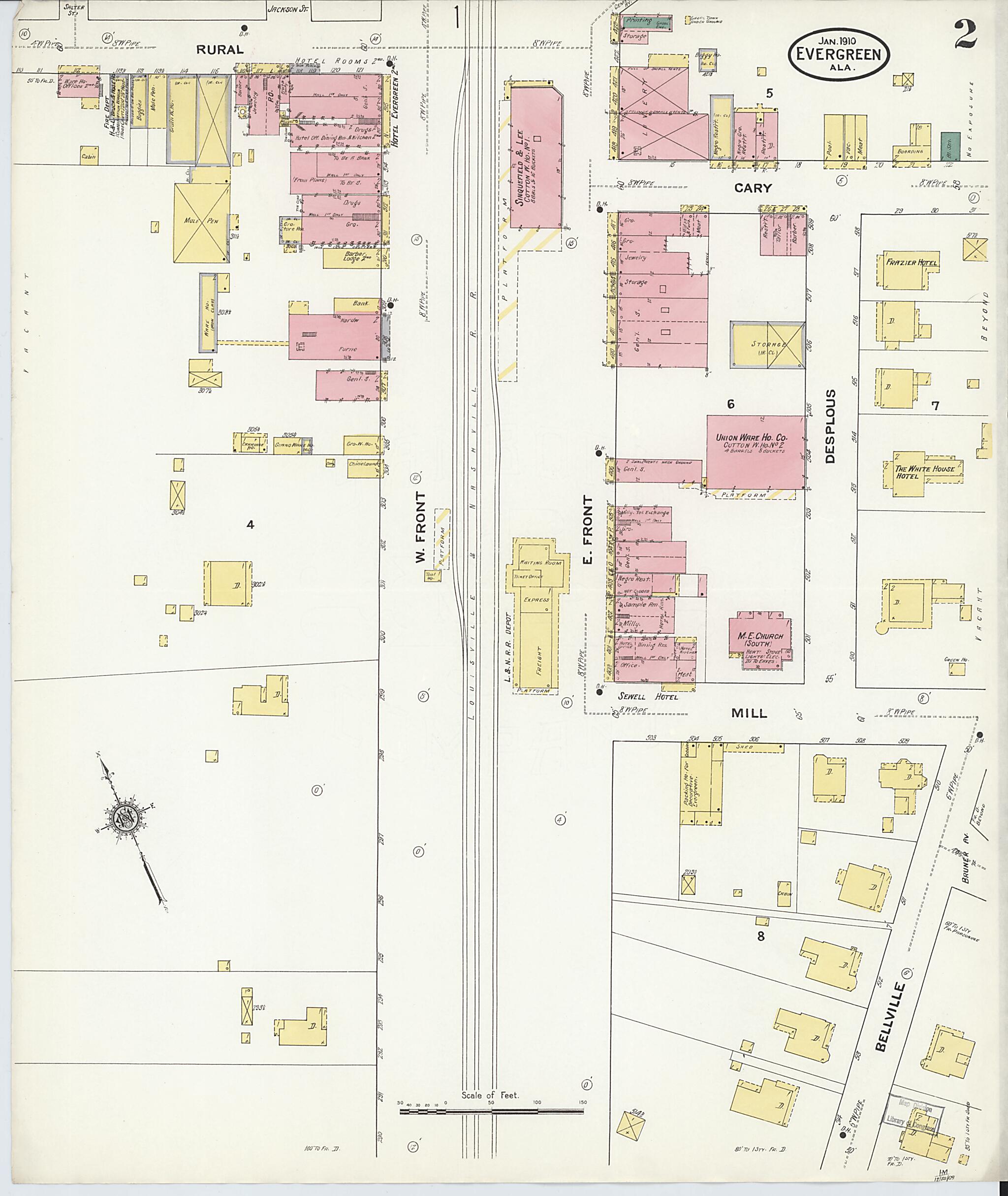 This old map of Evergreen, Conecuh County, Alabama was created by Sanborn Map Company in 1910