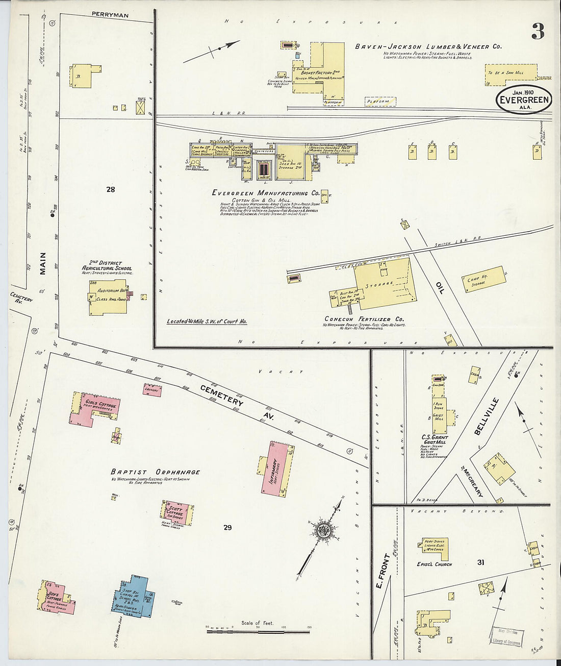 This old map of Evergreen, Conecuh County, Alabama was created by Sanborn Map Company in 1910