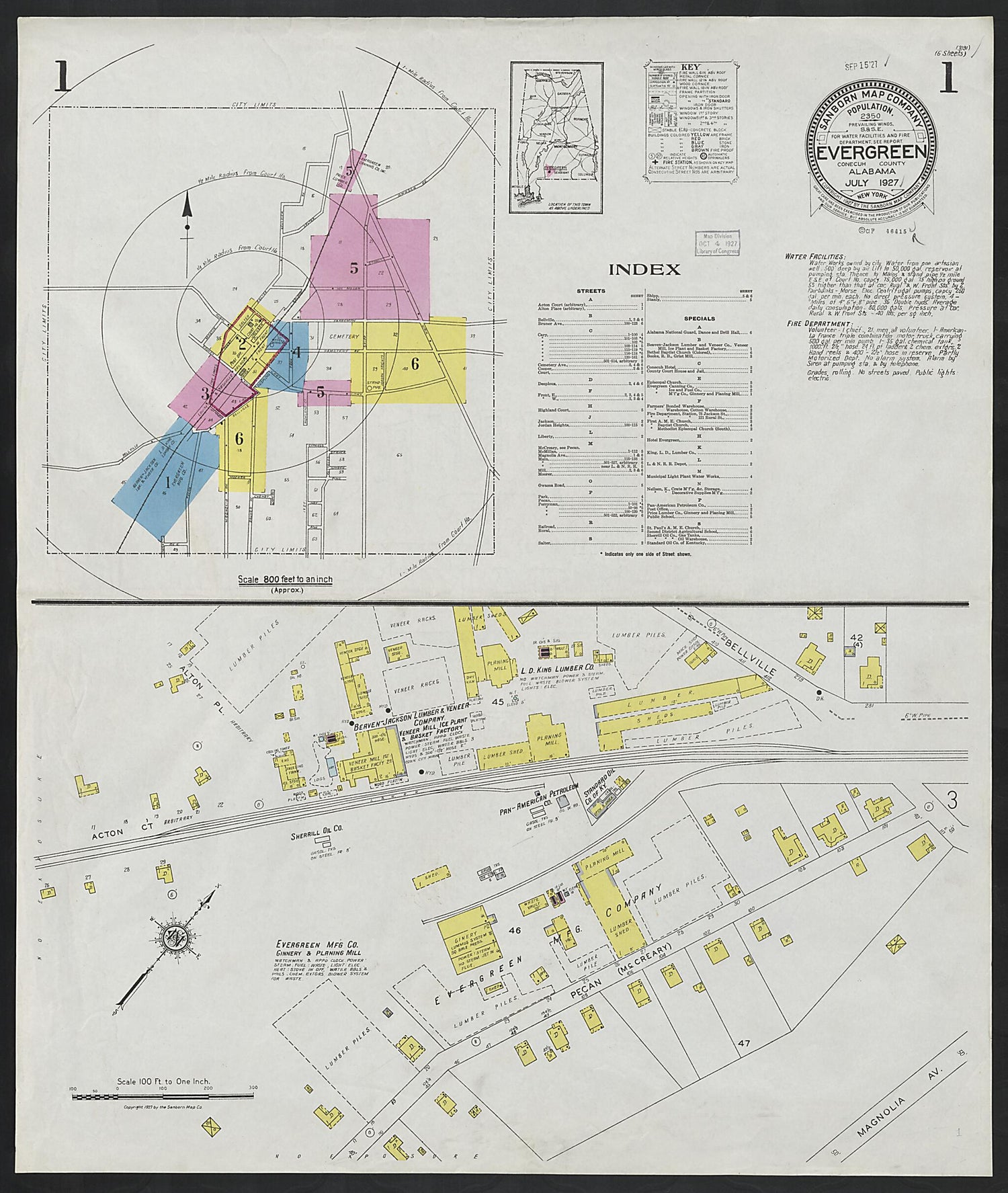 This old map of Evergreen, Conecuh County, Alabama was created by Sanborn Map Company in 1927