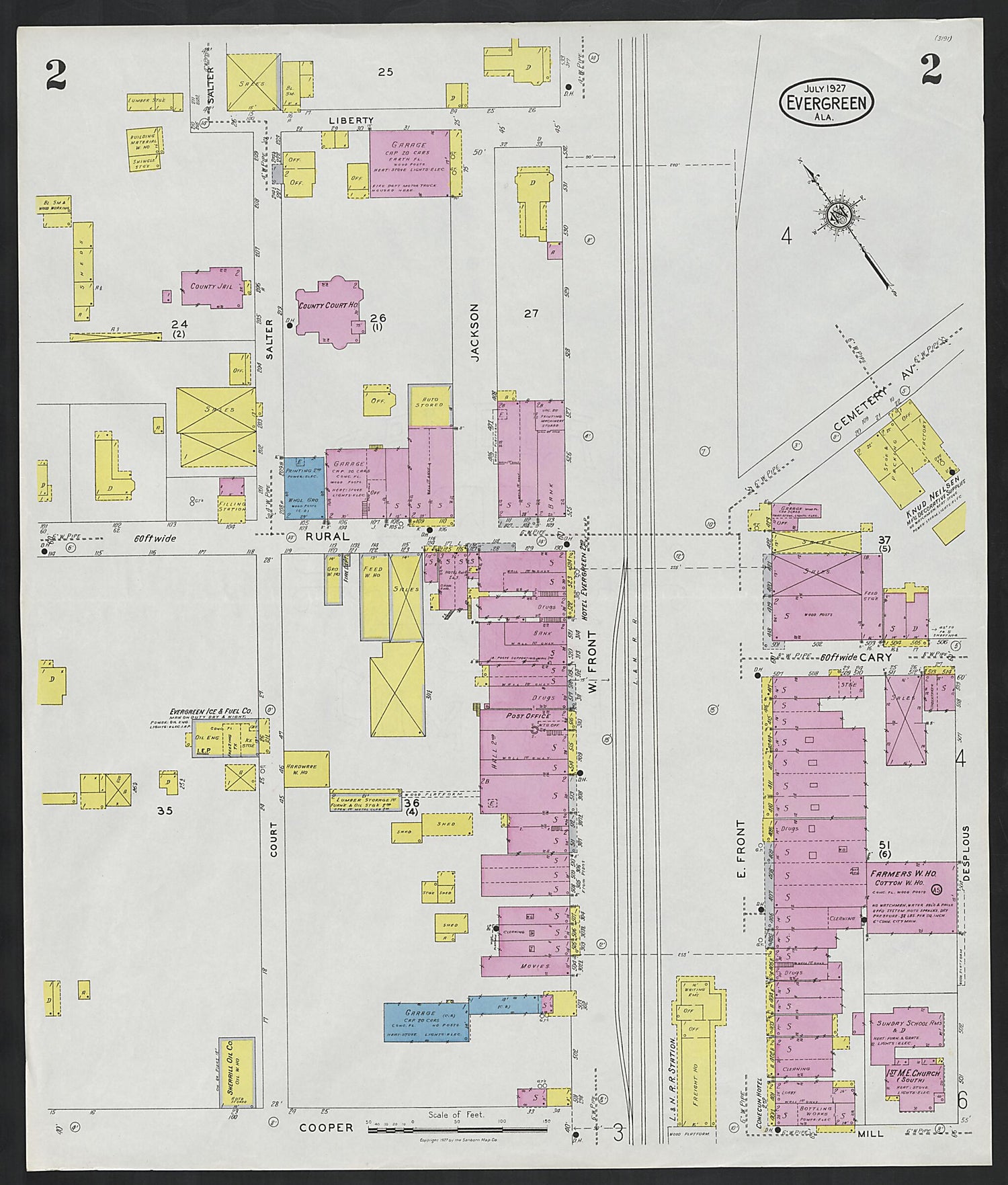 This old map of Evergreen, Conecuh County, Alabama was created by Sanborn Map Company in 1927